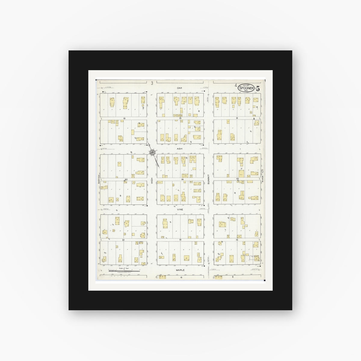 Old map wall art mockup — black gallery frame with white mat — Sanborn Fire Insurance Map from Spooner, Washburn County, Wisconsin (1917), Sheet #0005