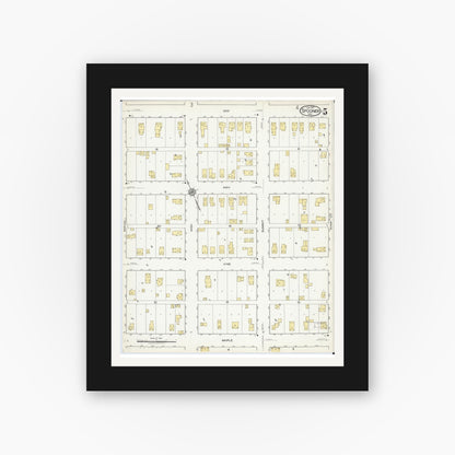 Old map wall art mockup — black gallery frame with white mat — Sanborn Fire Insurance Map from Spooner, Washburn County, Wisconsin (1917), Sheet #0005