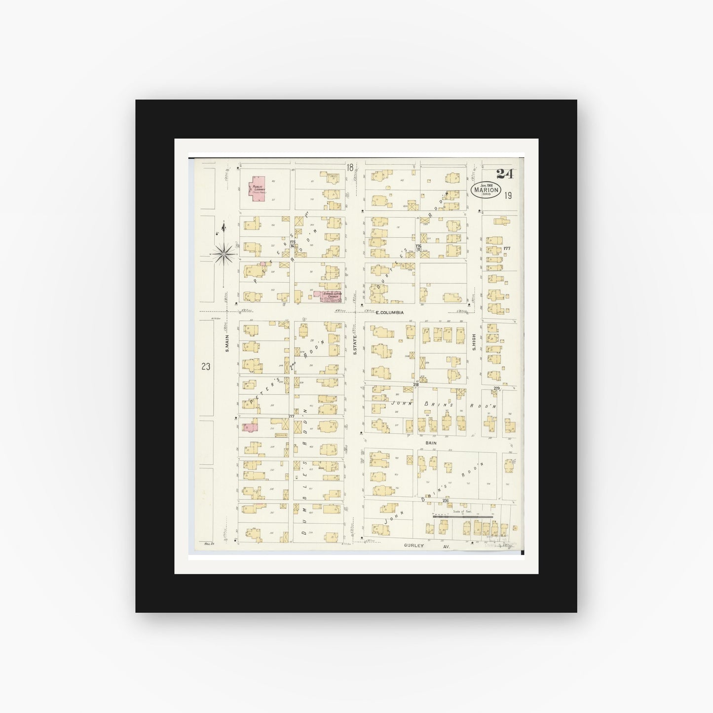 Old map wall art mockup — black gallery frame with white mat — Sanborn Fire Insurance Map from Marion, Marion County, Ohio (1908), Sheet #0024