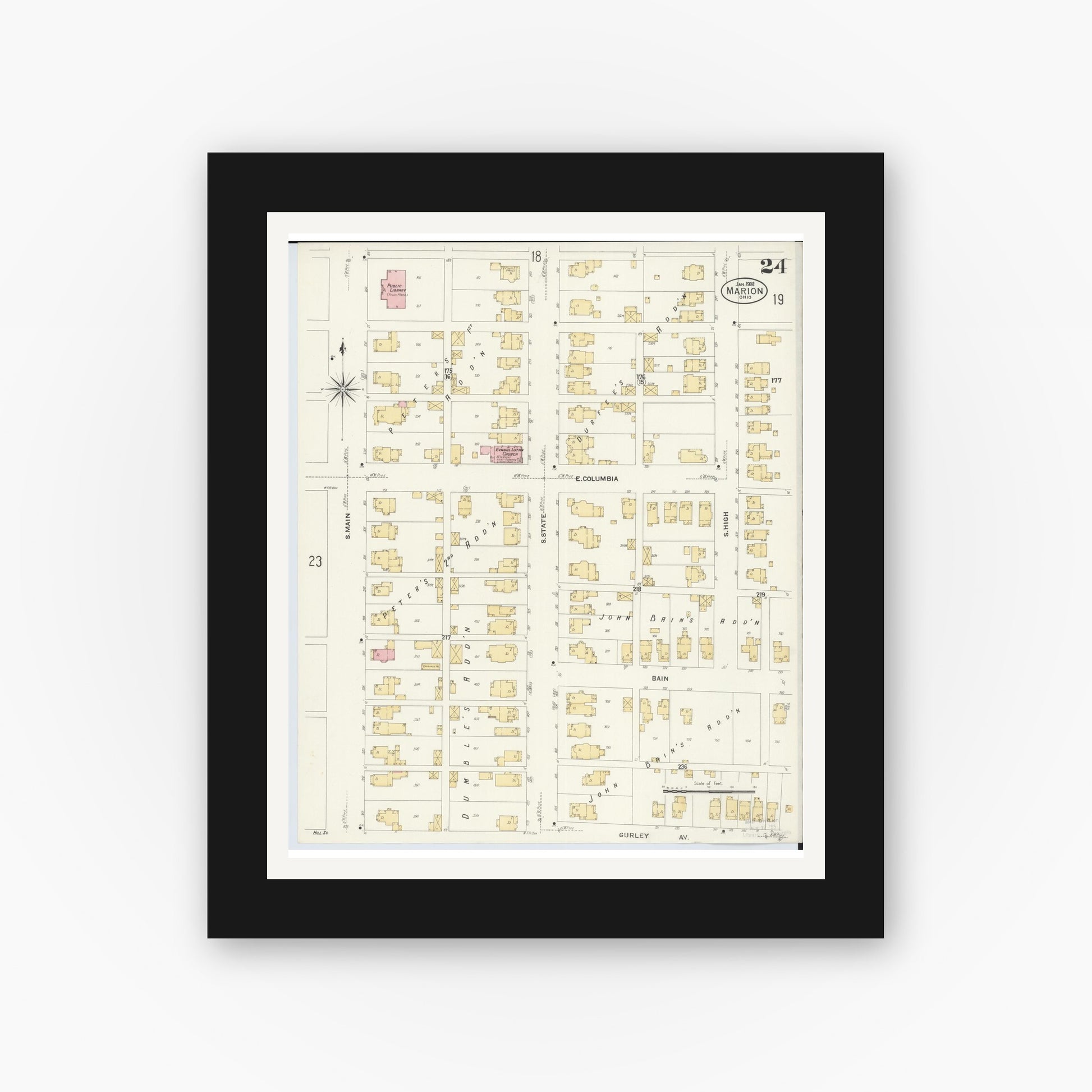 Old map wall art mockup — black gallery frame with white mat — Sanborn Fire Insurance Map from Marion, Marion County, Ohio (1908), Sheet #0024