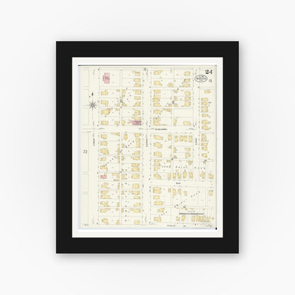 Old map wall art mockup — black gallery frame with white mat — Sanborn Fire Insurance Map from Marion, Marion County, Ohio (1908), Sheet #0024