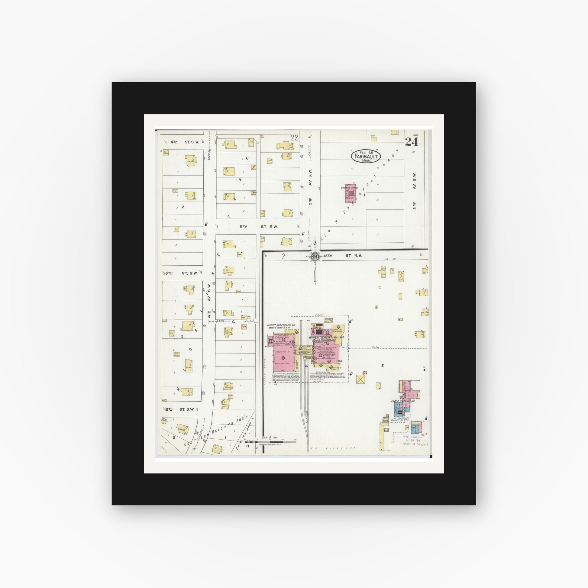 Old map wall art mockup — black gallery frame with white mat — Sanborn Fire Insurance Map from Faribault, Rice County, Minnesota (1921), Sheet #0024