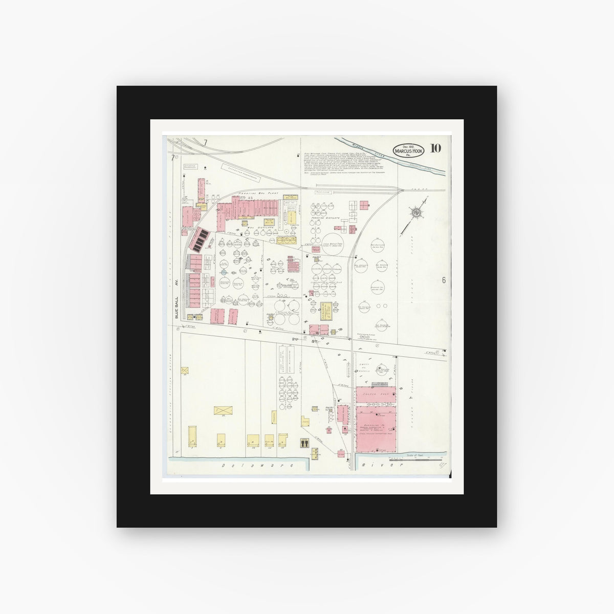 Old map wall art mockup — black gallery frame with white mat — Sanborn Fire Insurance Map from Marcus Hook, Chester County, Pennsylvania (1912), Sheet #0010