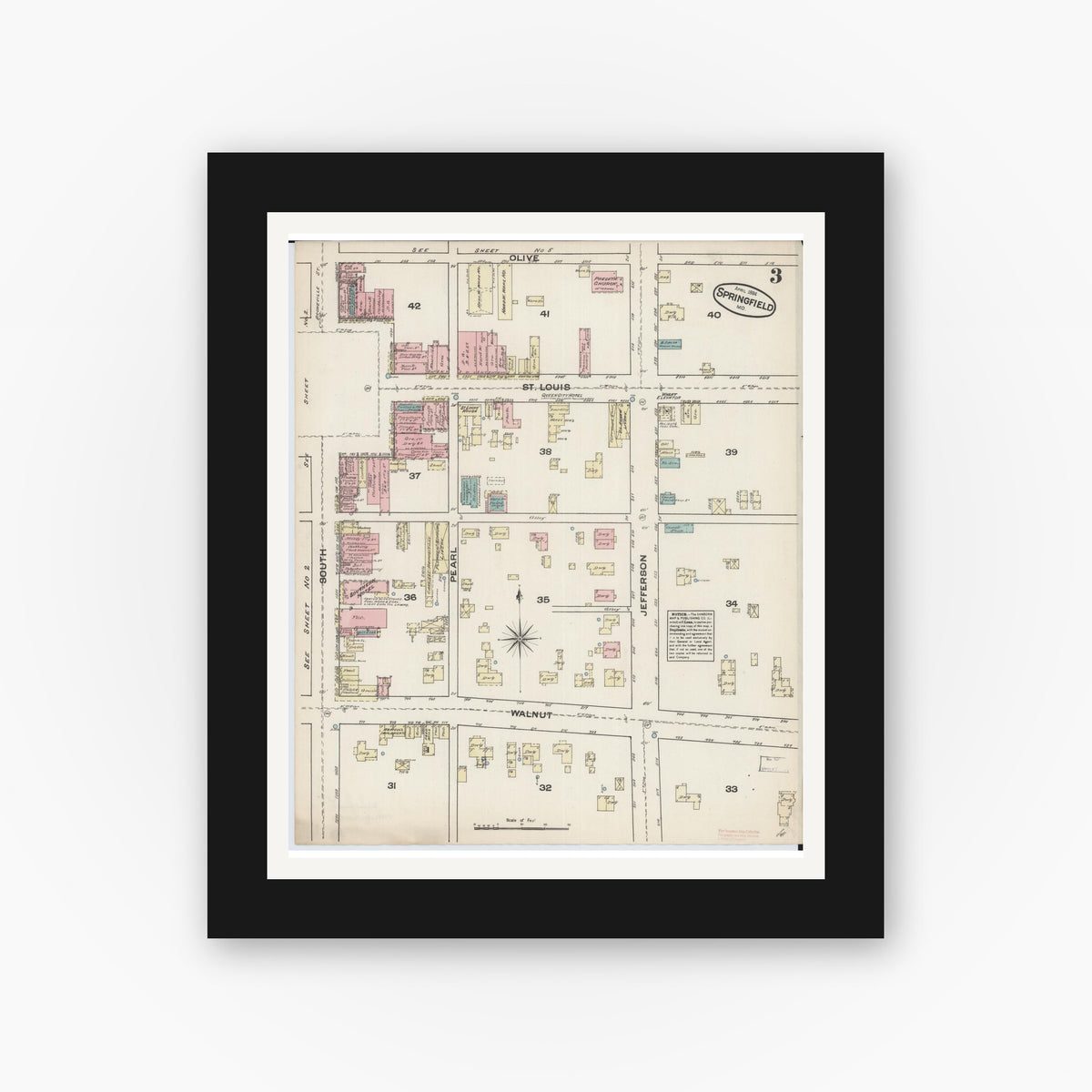 Old map wall art mockup — black gallery frame with white mat — Sanborn Fire Insurance Map from Springfield, Greene County, Missouri (1884), Sheet #0003