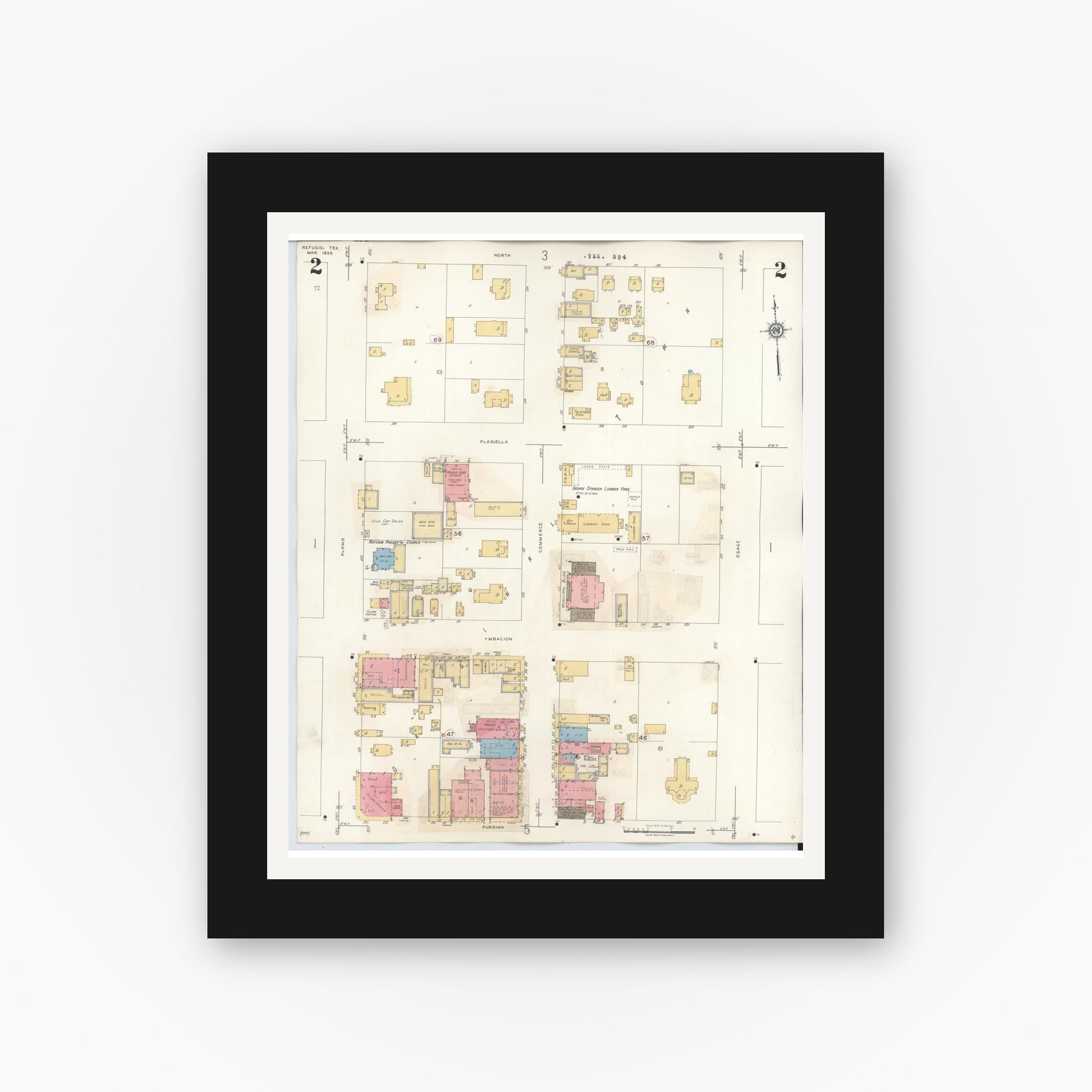 Old map wall art mockup — black gallery frame with white mat — Sanborn Fire Insurance Map from Refugio, Refugio County, Texas (1942), Sheet #0002
