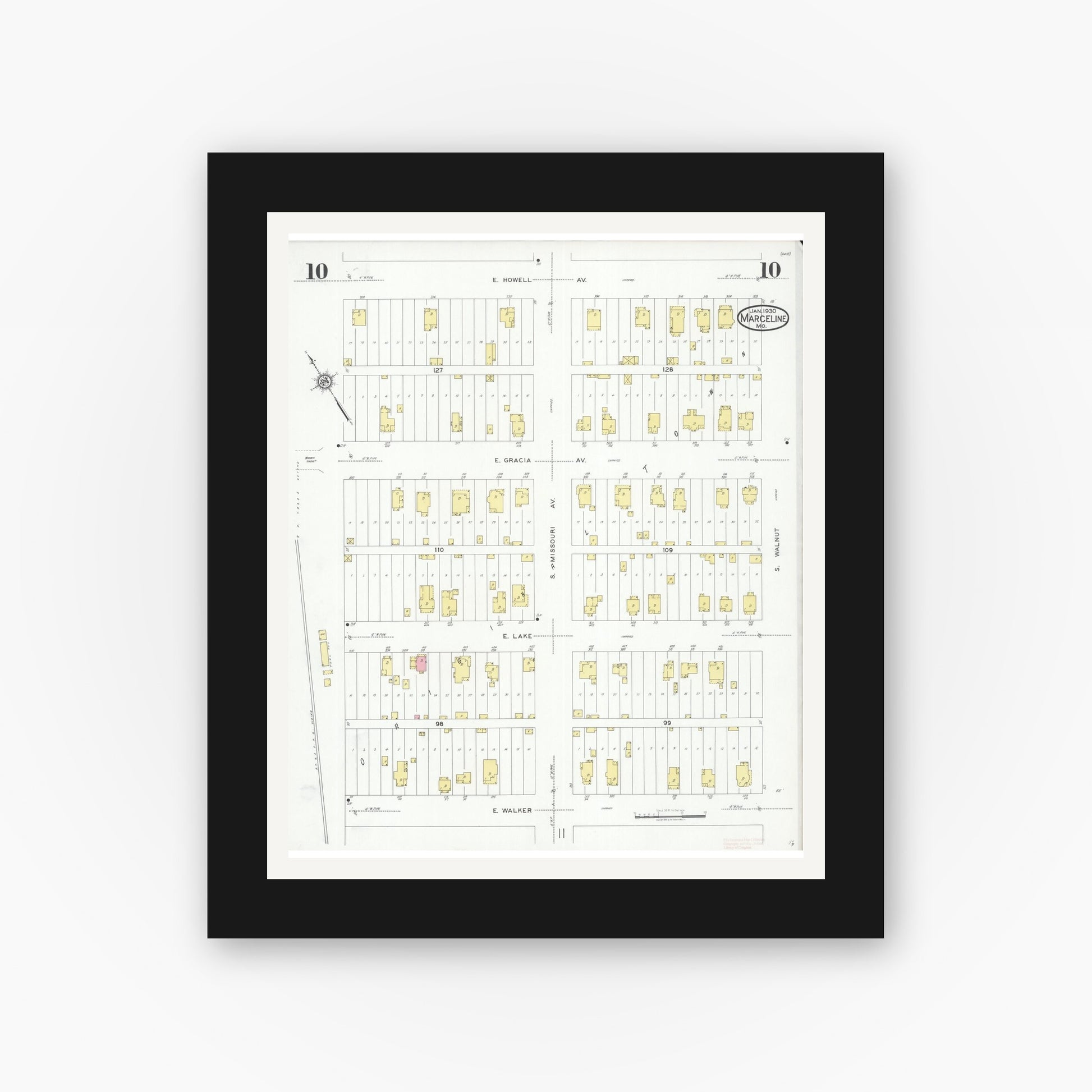 Old map wall art mockup — black gallery frame with white mat — Sanborn Fire Insurance Map from Marceline, Linn County, Missouri (1930), Sheet #0010