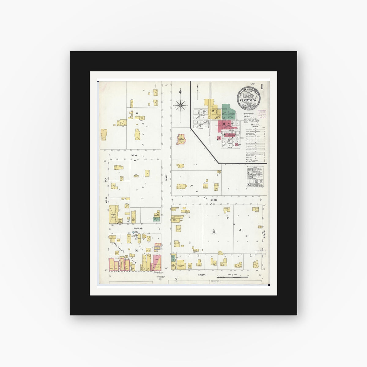 Old map wall art mockup — black gallery frame with white mat — Sanborn Fire Insurance Map from Plainfield, Waushara County, Wisconsin (1908), Sheet #0001