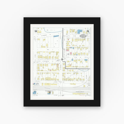 Old map wall art mockup — black gallery frame with white mat — Sanborn Fire Insurance Map from Kankakee, Kankakee County, Illinois (1930), Sheet #0014
