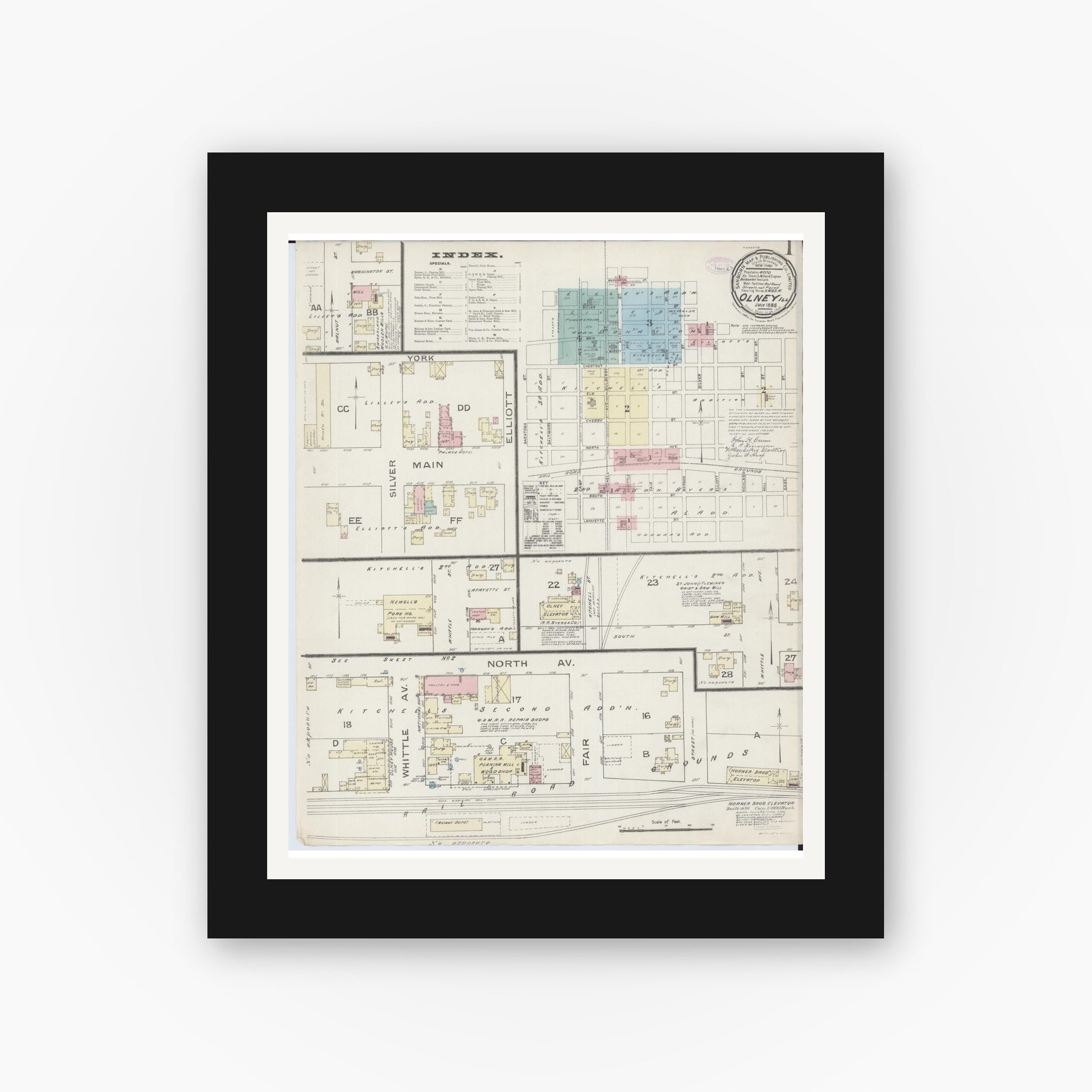 Old map wall art mockup — black gallery frame with white mat — Sanborn Fire Insurance Map from Olney, Richland County, Illinois (1886), Sheet #0001