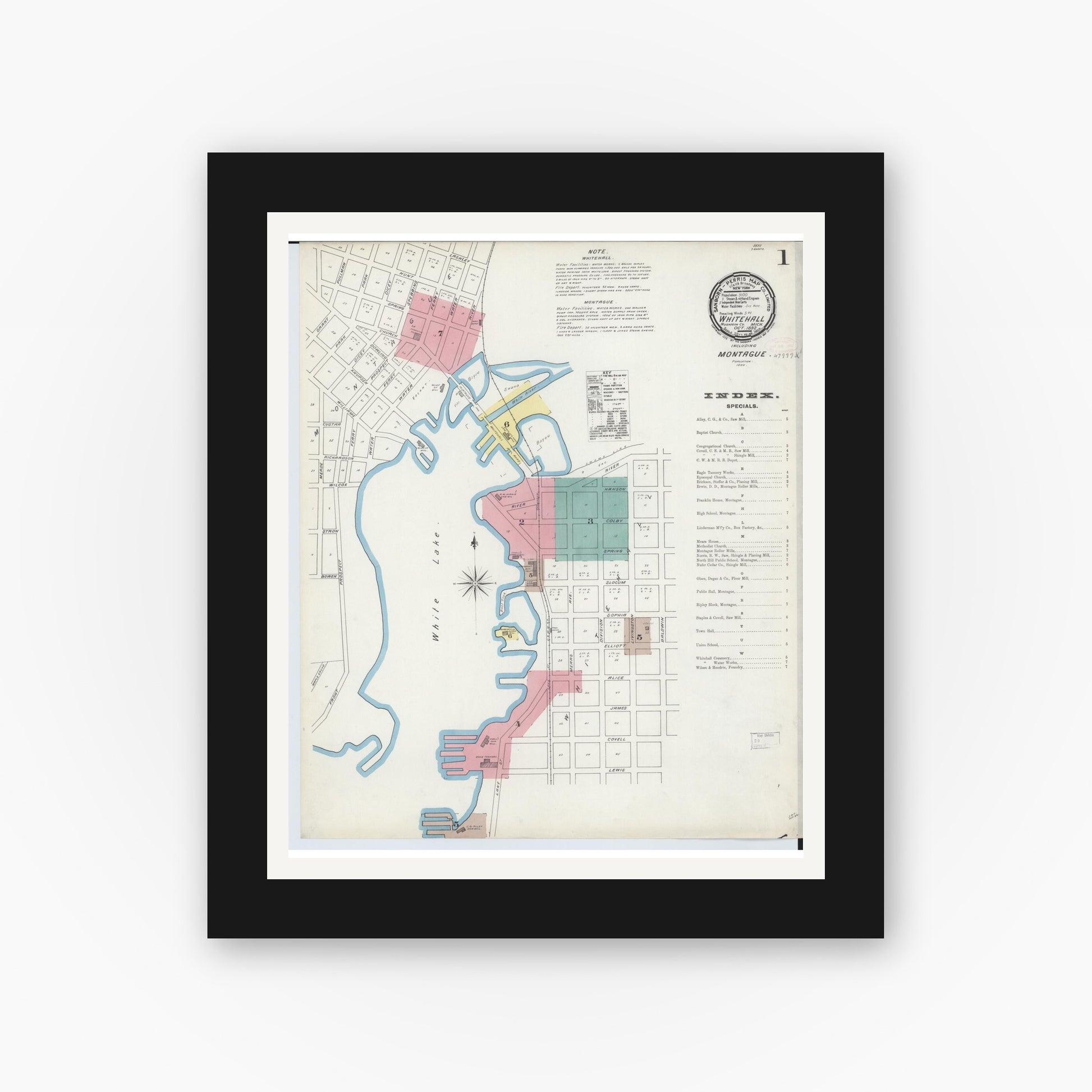 Old map wall art mockup — black gallery frame with white mat — Sanborn Fire Insurance Map from Whitehall, Muskegon County, Michigan (1892) - Complete Map Set
