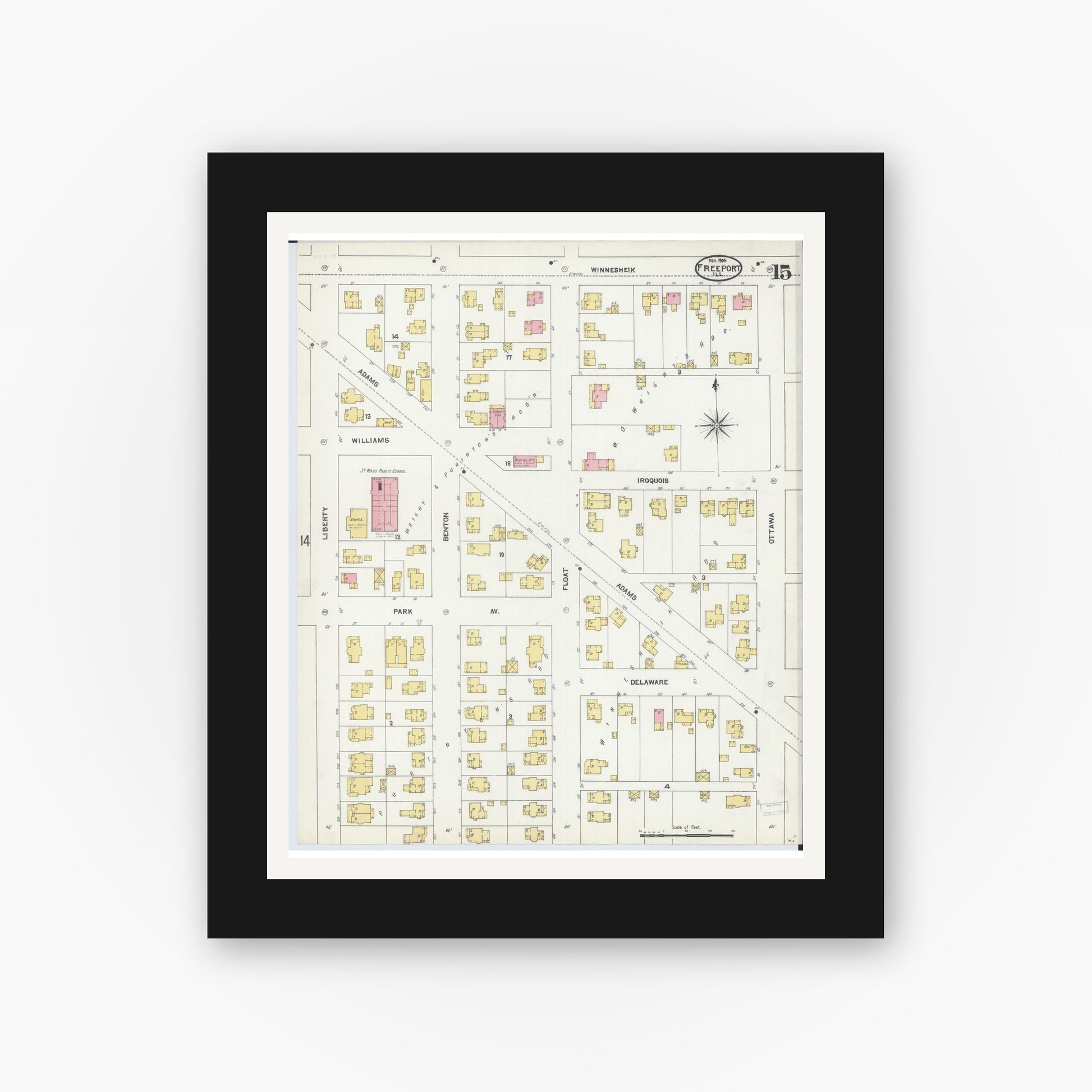 Old map wall art mockup — black gallery frame with white mat — Sanborn Fire Insurance Map from Freeport, Stephenson County, Illinois (1904), Sheet #0015