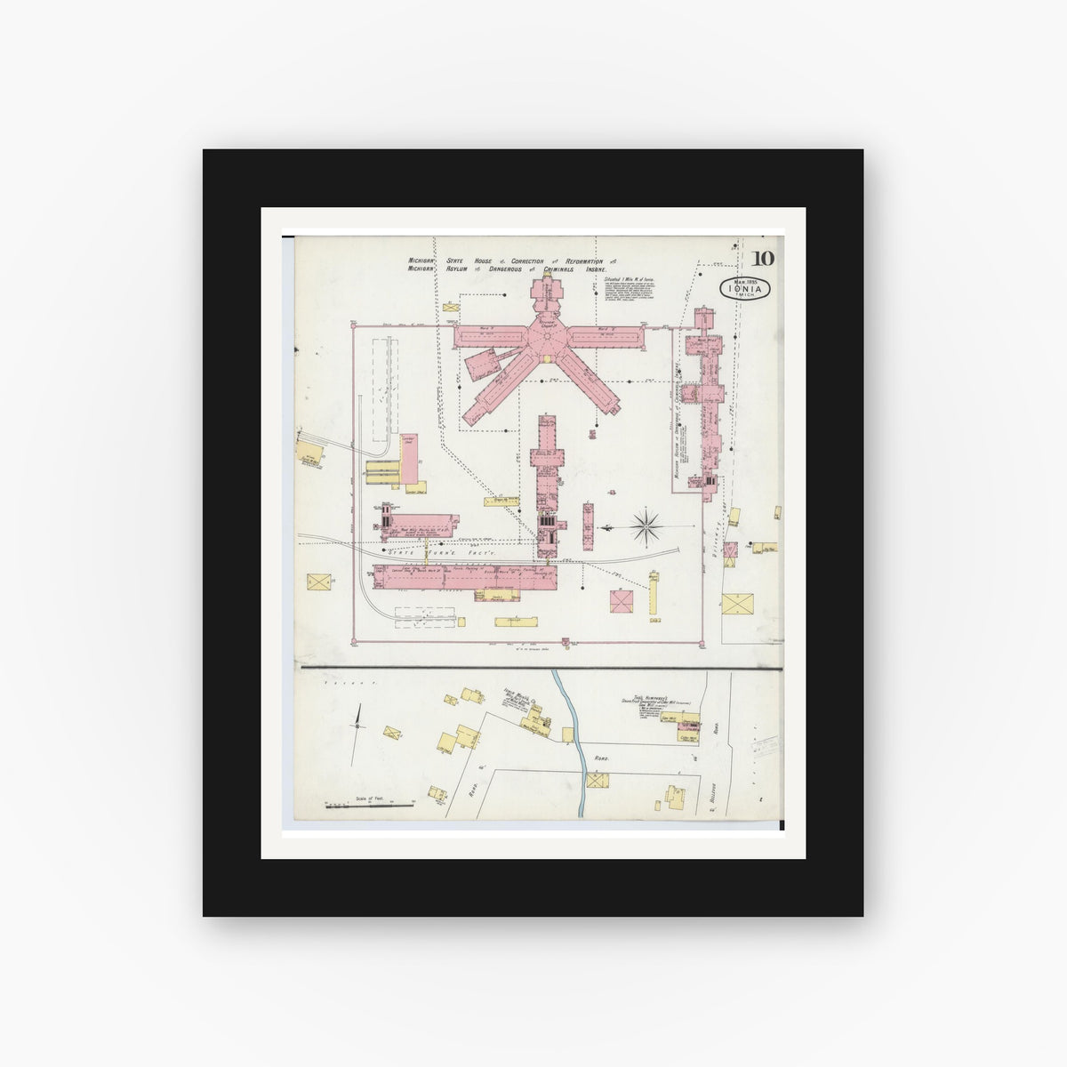 Old map wall art mockup — black gallery frame with white mat — Sanborn Fire Insurance Map from Ionia, Ionia County, Michigan (1895), Sheet #0010