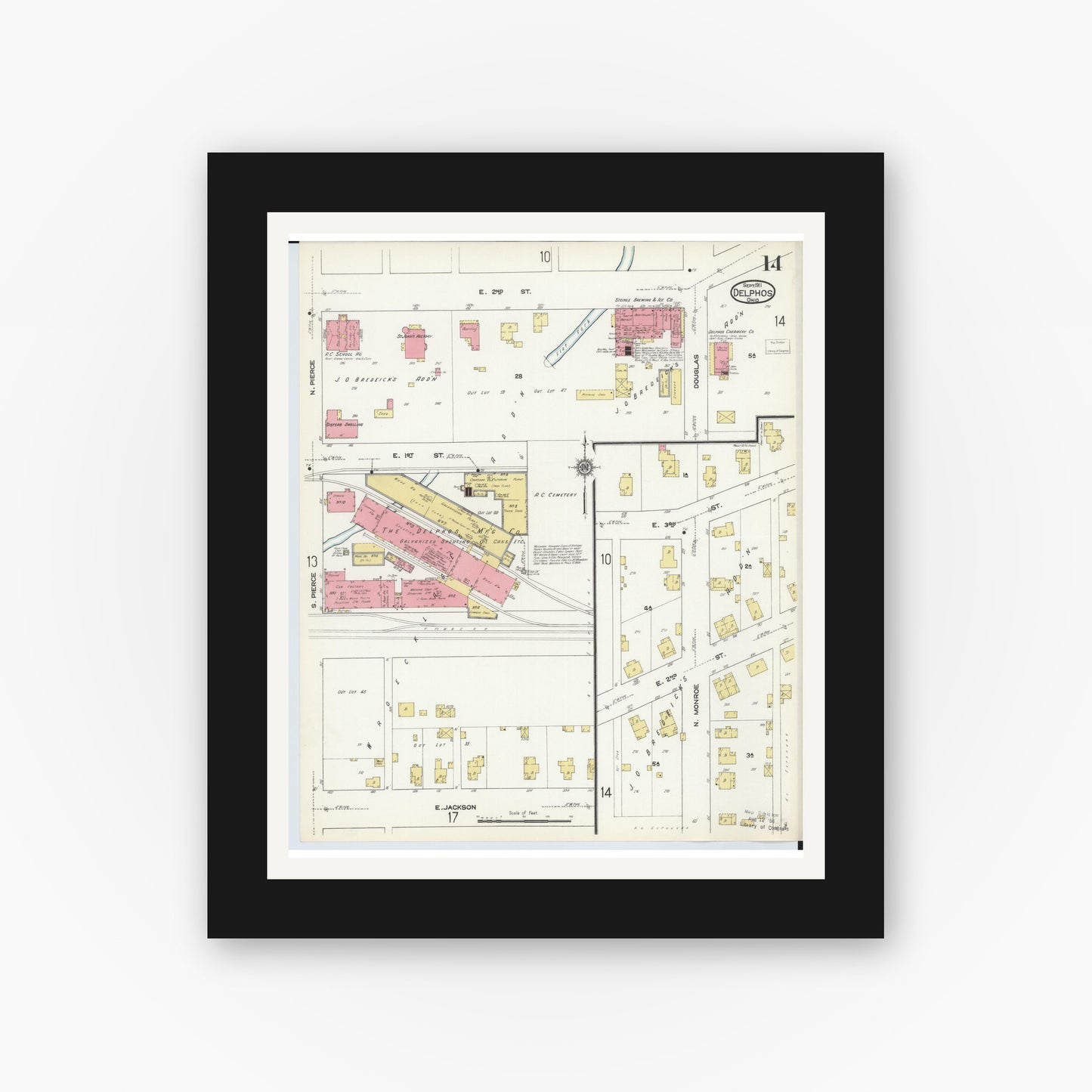 Old map wall art mockup — black gallery frame with white mat — Sanborn Fire Insurance Map from Delphos, Van Wert And Allen Counties, Ohio (1911), Sheet #0014
