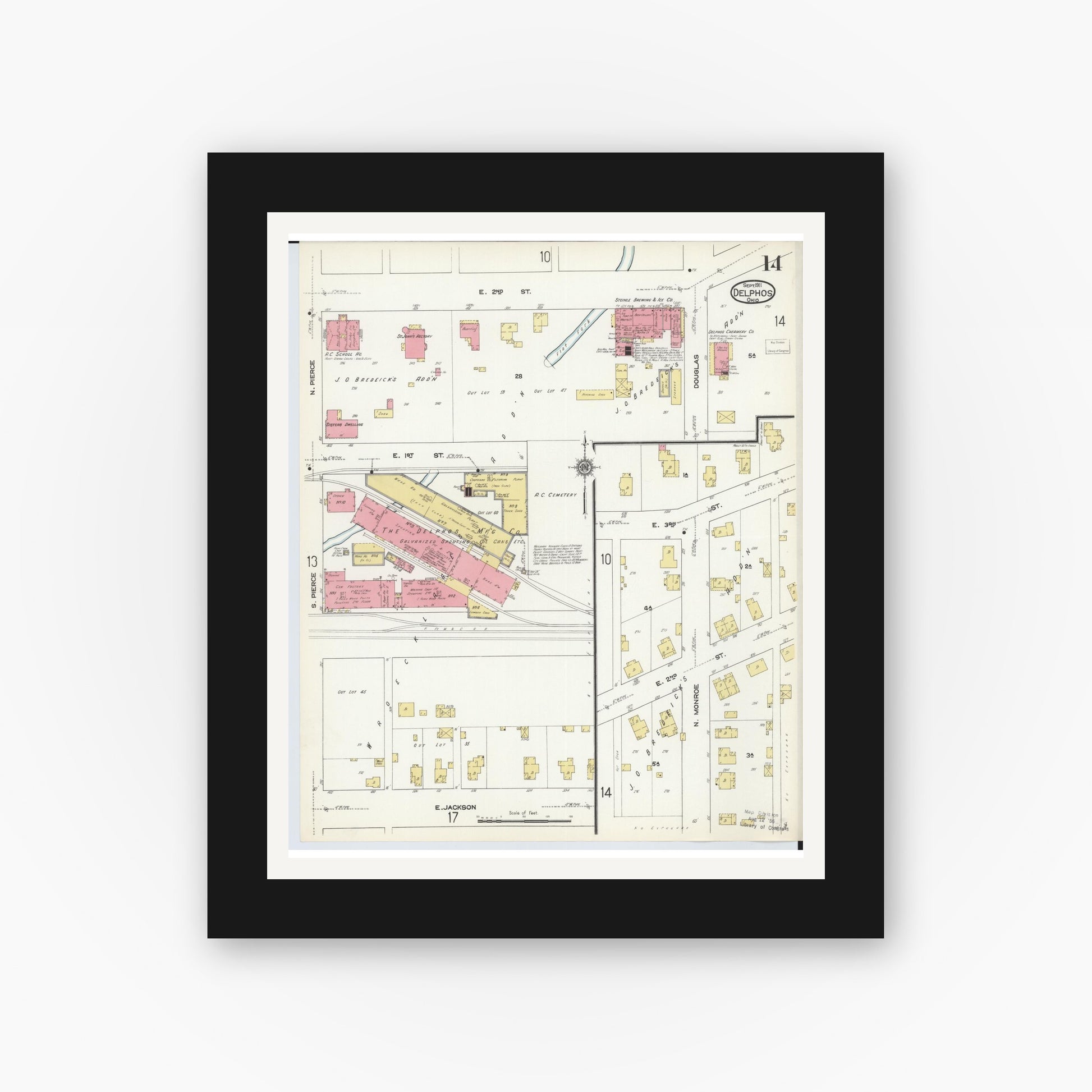 Old map wall art mockup — black gallery frame with white mat — Sanborn Fire Insurance Map from Delphos, Van Wert And Allen Counties, Ohio (1911), Sheet #0014