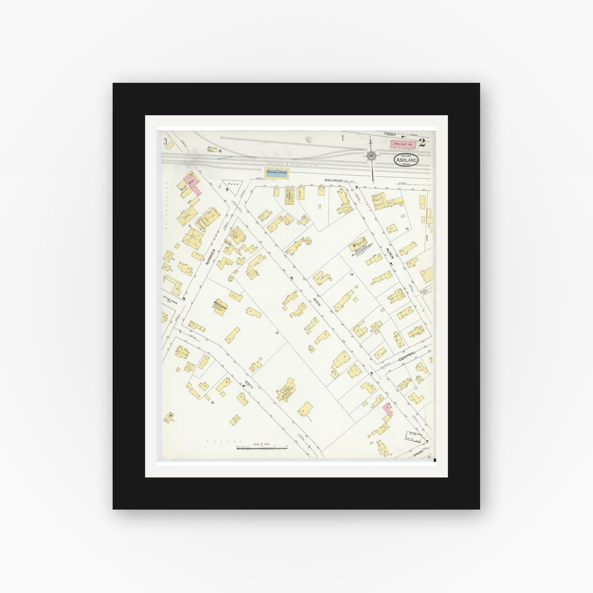 Old map wall art mockup — black gallery frame with white mat — Sanborn Fire Insurance Map from Ashland, Middlesex County, Massachusetts (1912), Sheet #0002