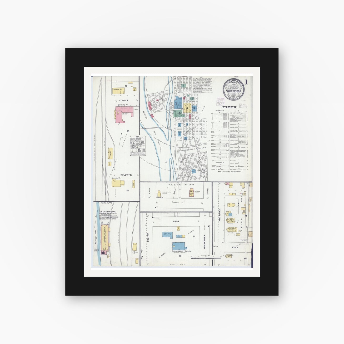 Old map wall art mockup — black gallery frame with white mat — Sanborn Fire Insurance Map from Prairie du Chien, Crawford County, Wisconsin (1905) - Complete Map Set