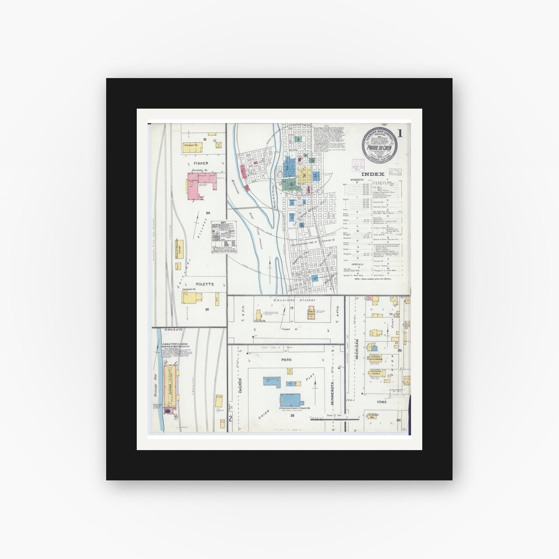 Old map wall art mockup — black gallery frame with white mat — Sanborn Fire Insurance Map from Prairie du Chien, Crawford County, Wisconsin (1905) - Complete Map Set