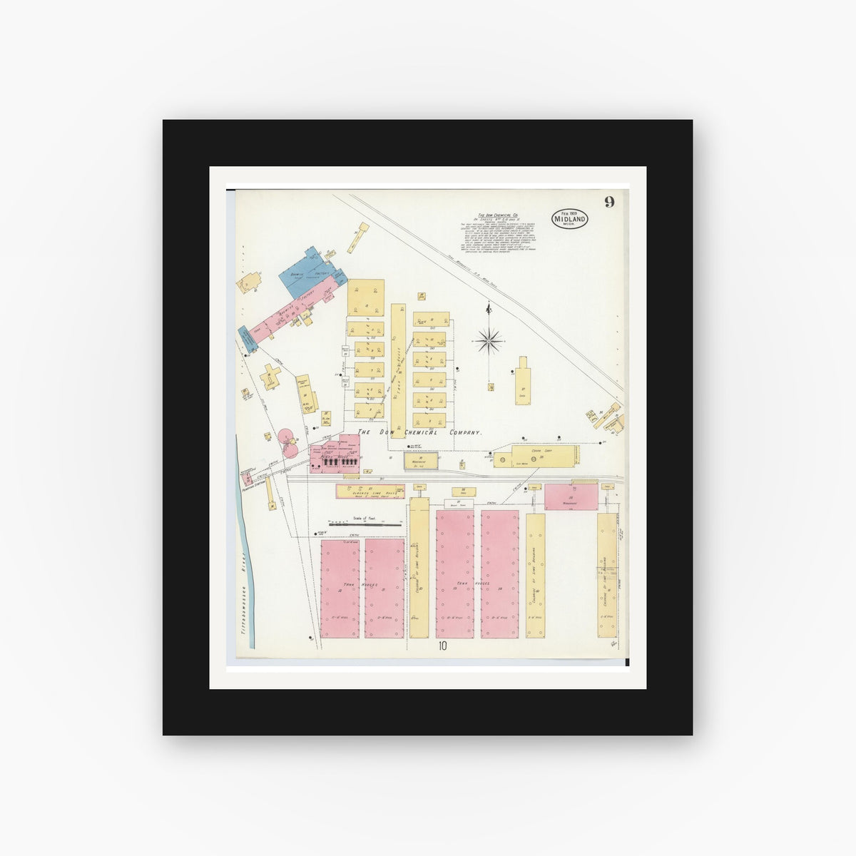 Old map wall art mockup — black gallery frame with white mat — Sanborn Fire Insurance Map from Midland, Midland County, Michigan (1909), Sheet #0009