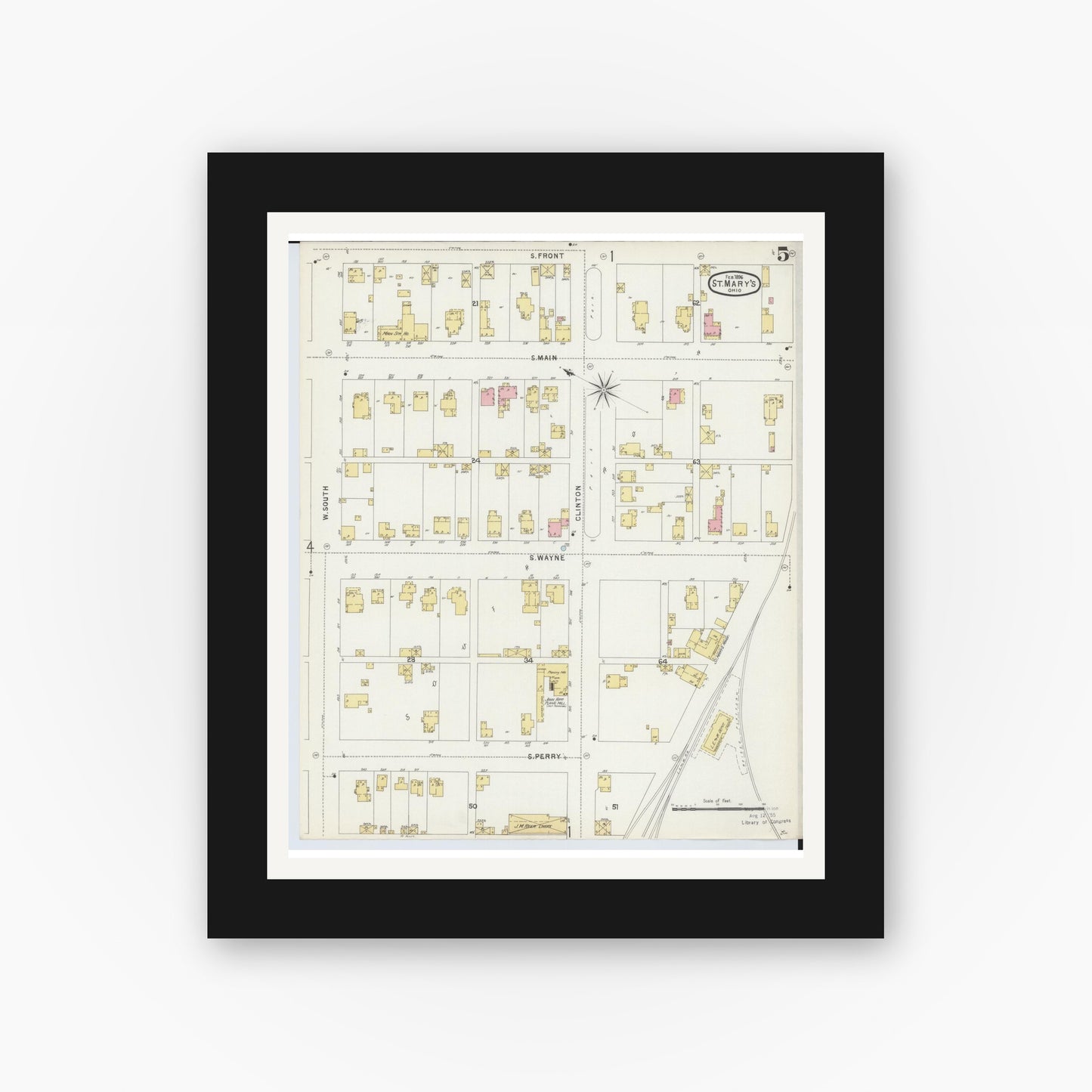 Old map wall art mockup — black gallery frame with white mat — Sanborn Fire Insurance Map from Saint Marys, Auglaize County, Ohio (1896), Sheet #0005