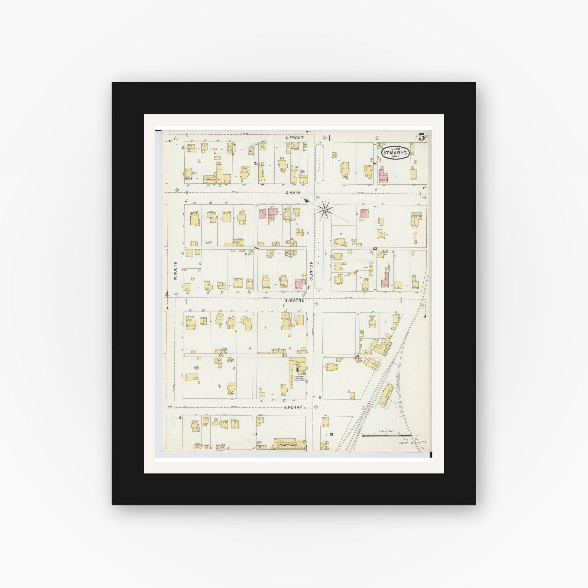 Old map wall art mockup — black gallery frame with white mat — Sanborn Fire Insurance Map from Saint Marys, Auglaize County, Ohio (1896), Sheet #0005