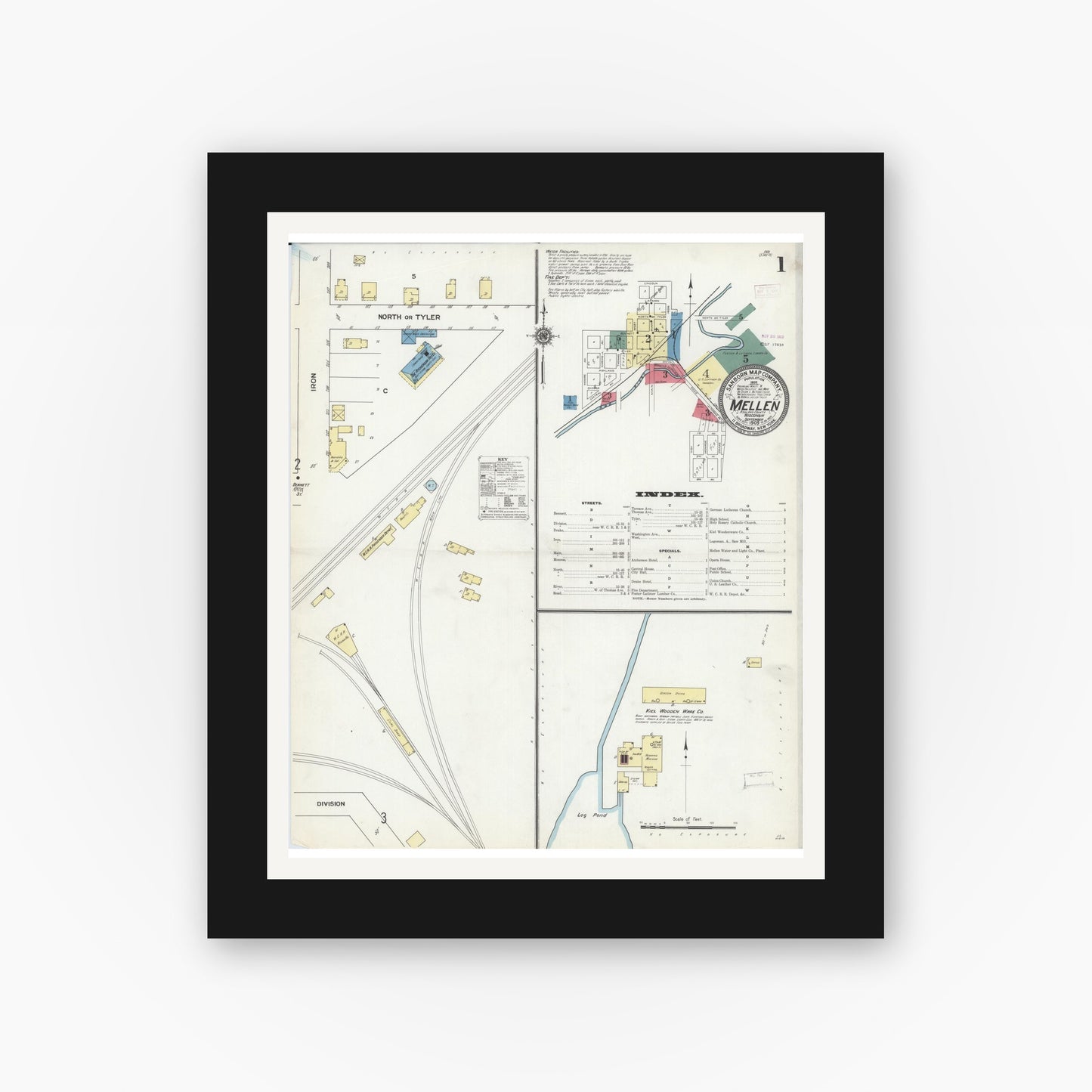 Old map wall art mockup — black gallery frame with white mat — Sanborn Fire Insurance Map from Mellen, Ashland County, Wisconsin (1909), Sheet #0001