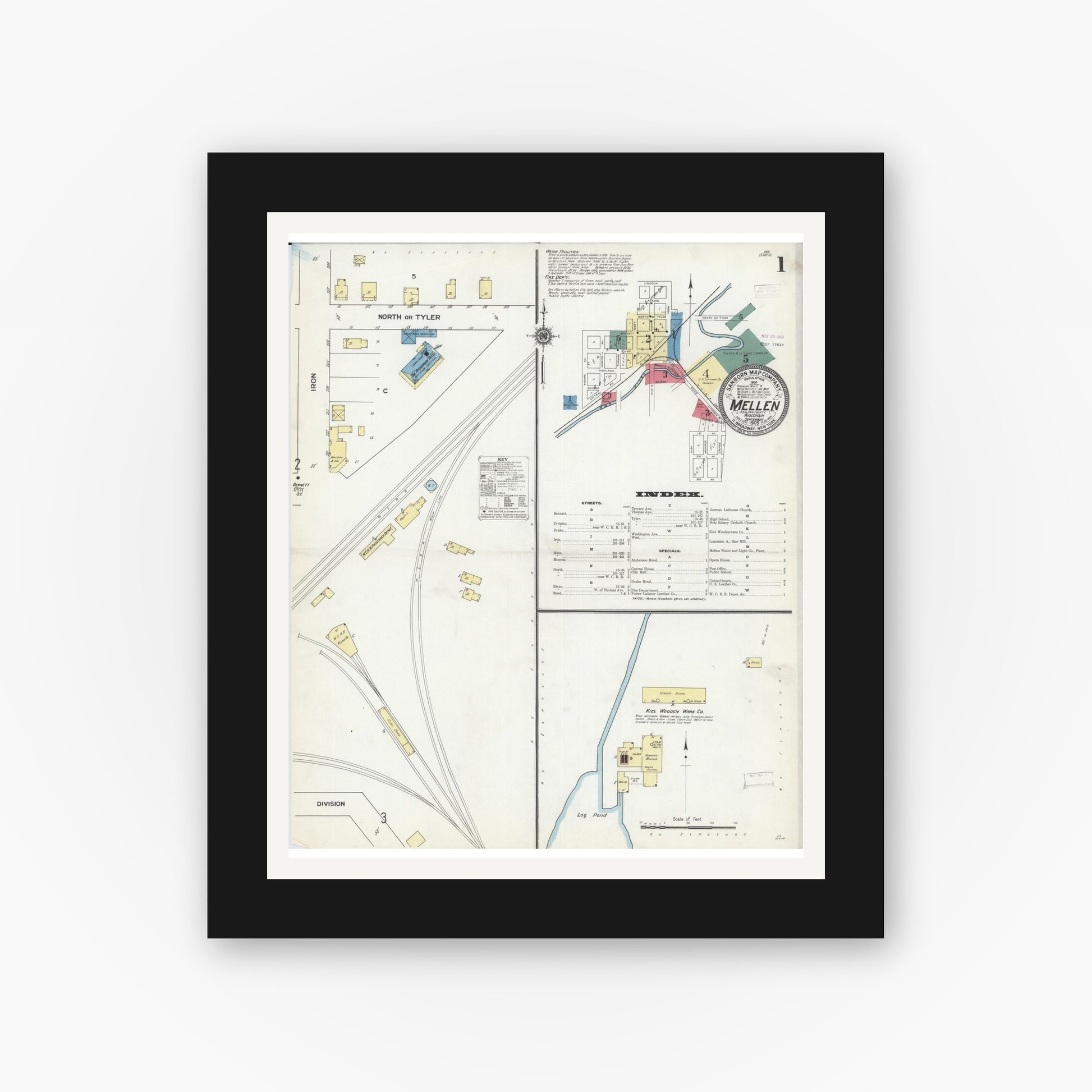 Old map wall art mockup — black gallery frame with white mat — Sanborn Fire Insurance Map from Mellen, Ashland County, Wisconsin (1909), Sheet #0001