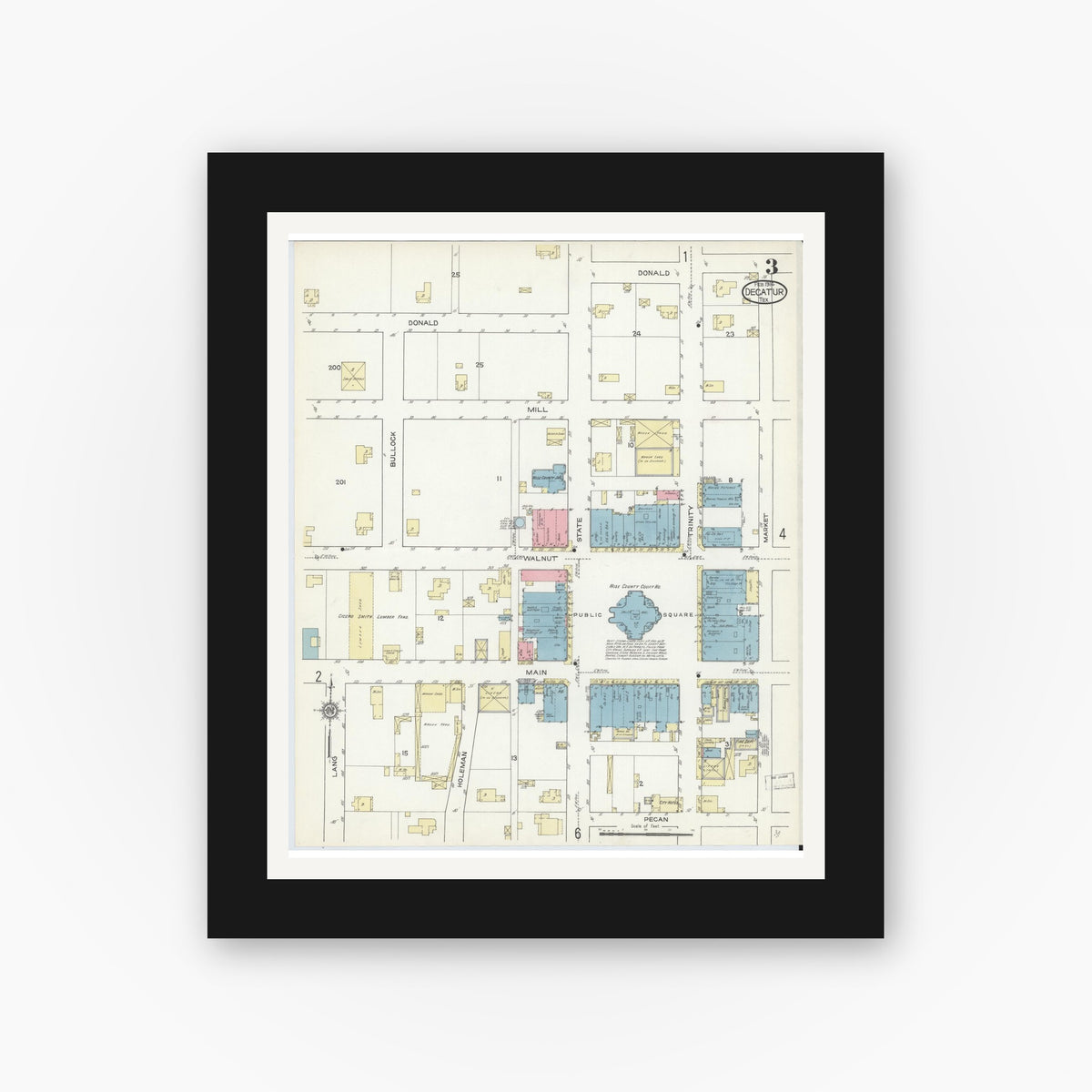 Old map wall art mockup — black gallery frame with white mat — Sanborn Fire Insurance Map from Decatur, Wise County, Texas (1914), Sheet #0003