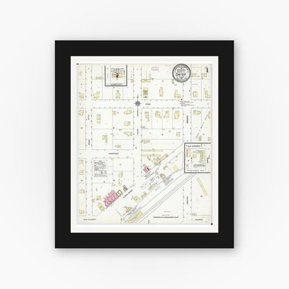 Old map wall art mockup — black gallery frame with white mat — Sanborn Fire Insurance Map from Oneida, Knox County, Illinois (1910), Sheet #0001