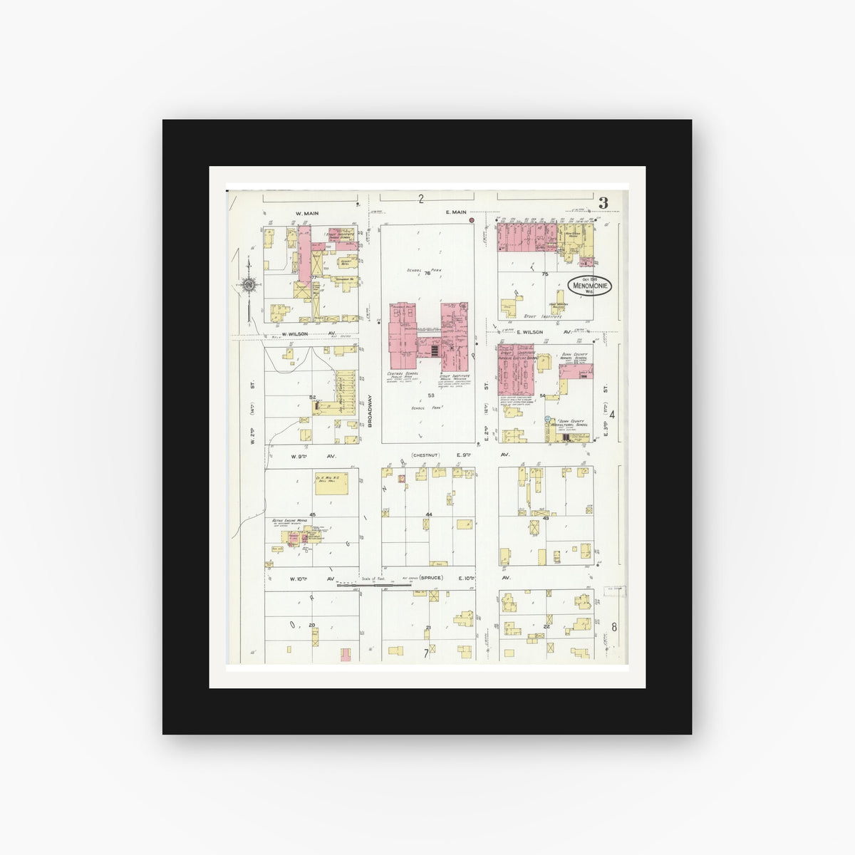 Old map wall art mockup — black gallery frame with white mat — Sanborn Fire Insurance Map from Menomonie, Dunn County, Wisconsin (1910), Sheet #0003