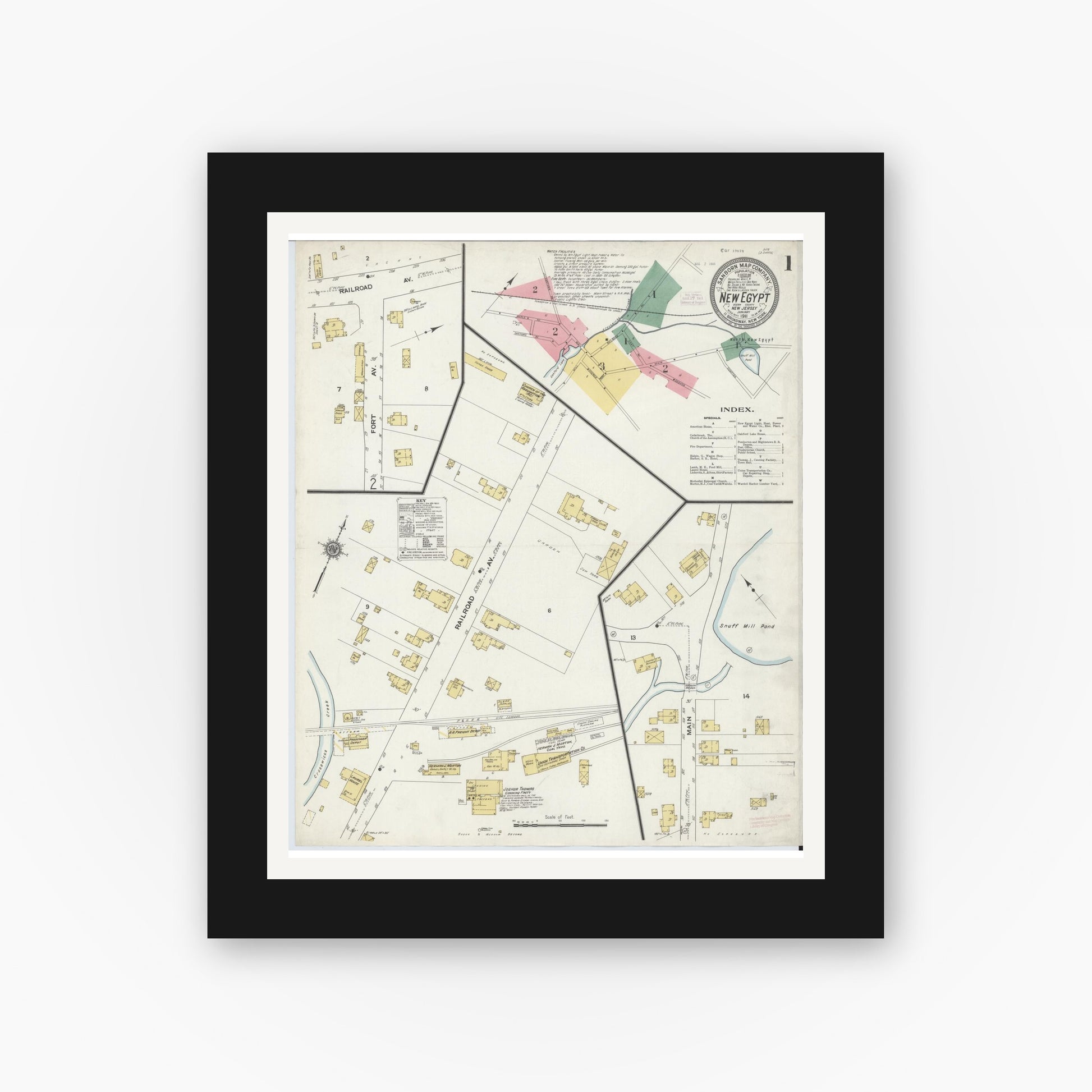 Old map wall art mockup — black gallery frame with white mat — Sanborn Fire Insurance Map from New Egypt, Ocean County, New Jersey (1911), Sheet #0001
