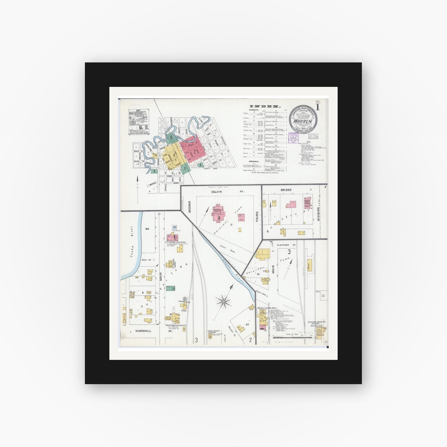 Old map wall art mockup — black gallery frame with white mat — Sanborn Fire Insurance Map from Warren, Marshall County, Minnesota (1904) - Complete Map Set