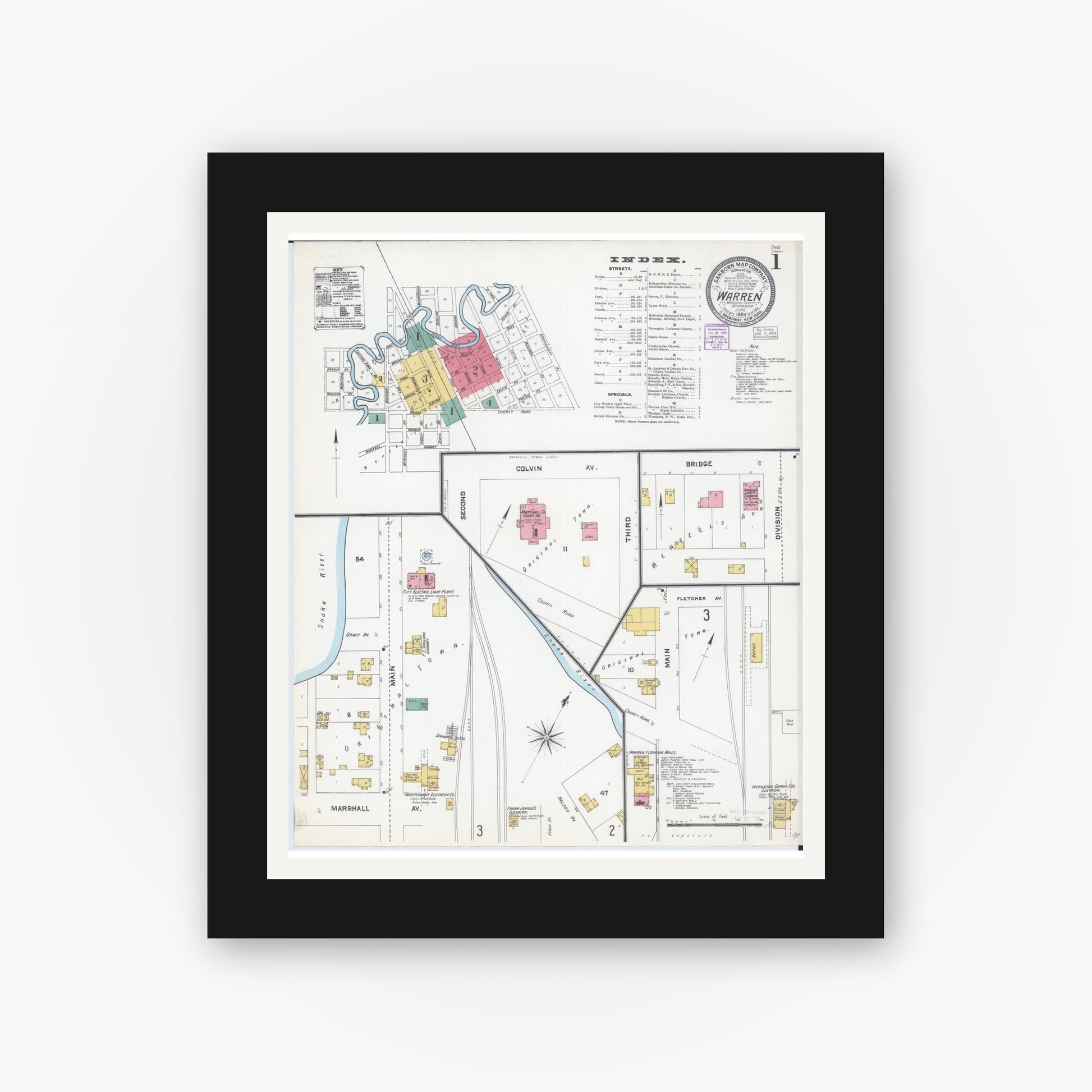 Old map wall art mockup — black gallery frame with white mat — Sanborn Fire Insurance Map from Warren, Marshall County, Minnesota (1904) - Complete Map Set