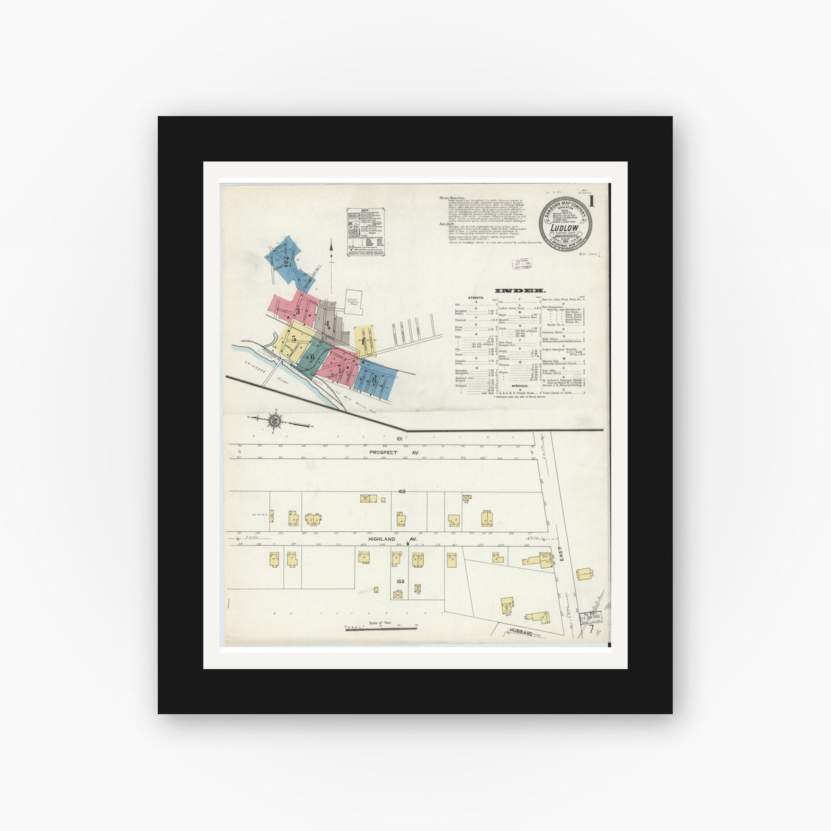Old map wall art mockup — black gallery frame with white mat — Sanborn Fire Insurance Map from Ludlow, Hampden County, Massachusetts (1911) - Complete Map Set