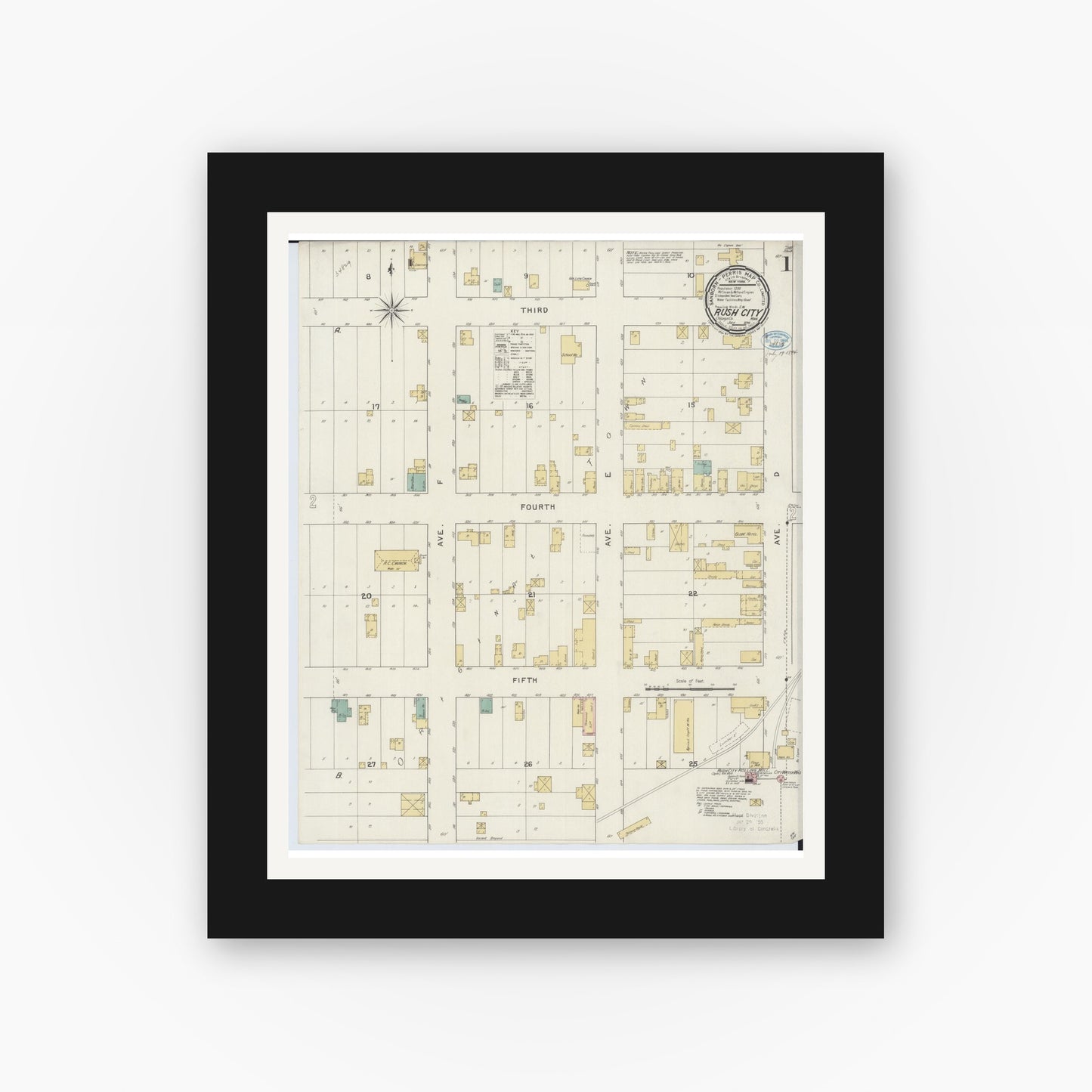 Old map wall art mockup — black gallery frame with white mat — Sanborn Fire Insurance Map from Rush City, Chisago County, Minnesota (1894), Sheet #0001