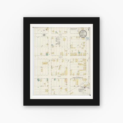 Old map wall art mockup — black gallery frame with white mat — Sanborn Fire Insurance Map from Rush City, Chisago County, Minnesota (1894), Sheet #0001