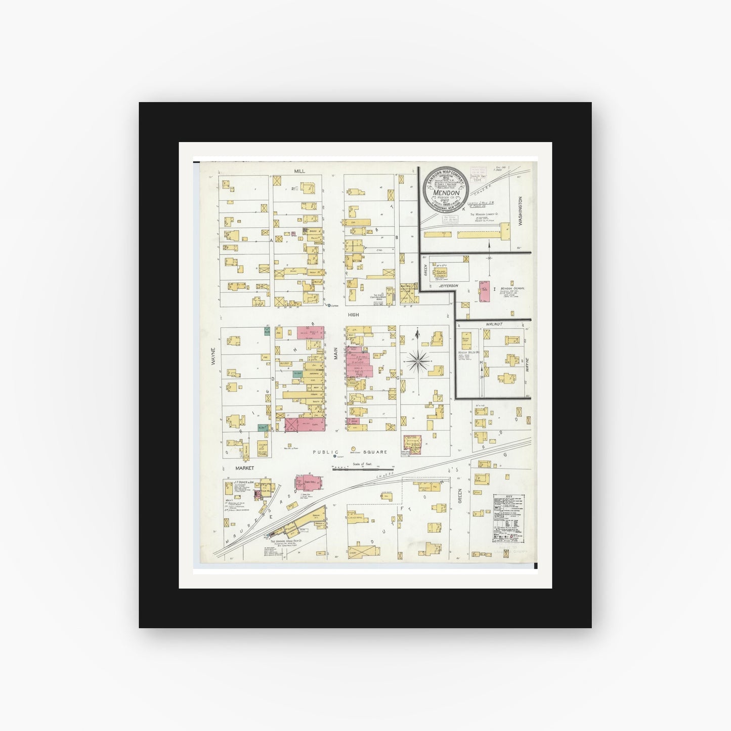 Old map wall art mockup — black gallery frame with white mat — Sanborn Fire Insurance Map from Mendon, Mercer County, Ohio (1905), Sheet #0001