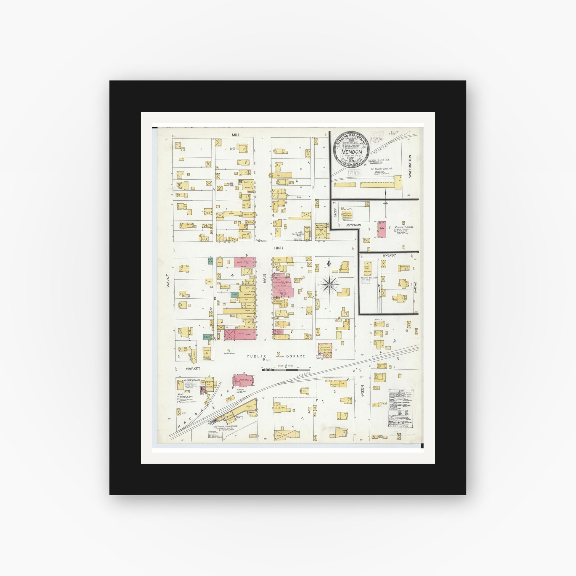 Old map wall art mockup — black gallery frame with white mat — Sanborn Fire Insurance Map from Mendon, Mercer County, Ohio (1905), Sheet #0001