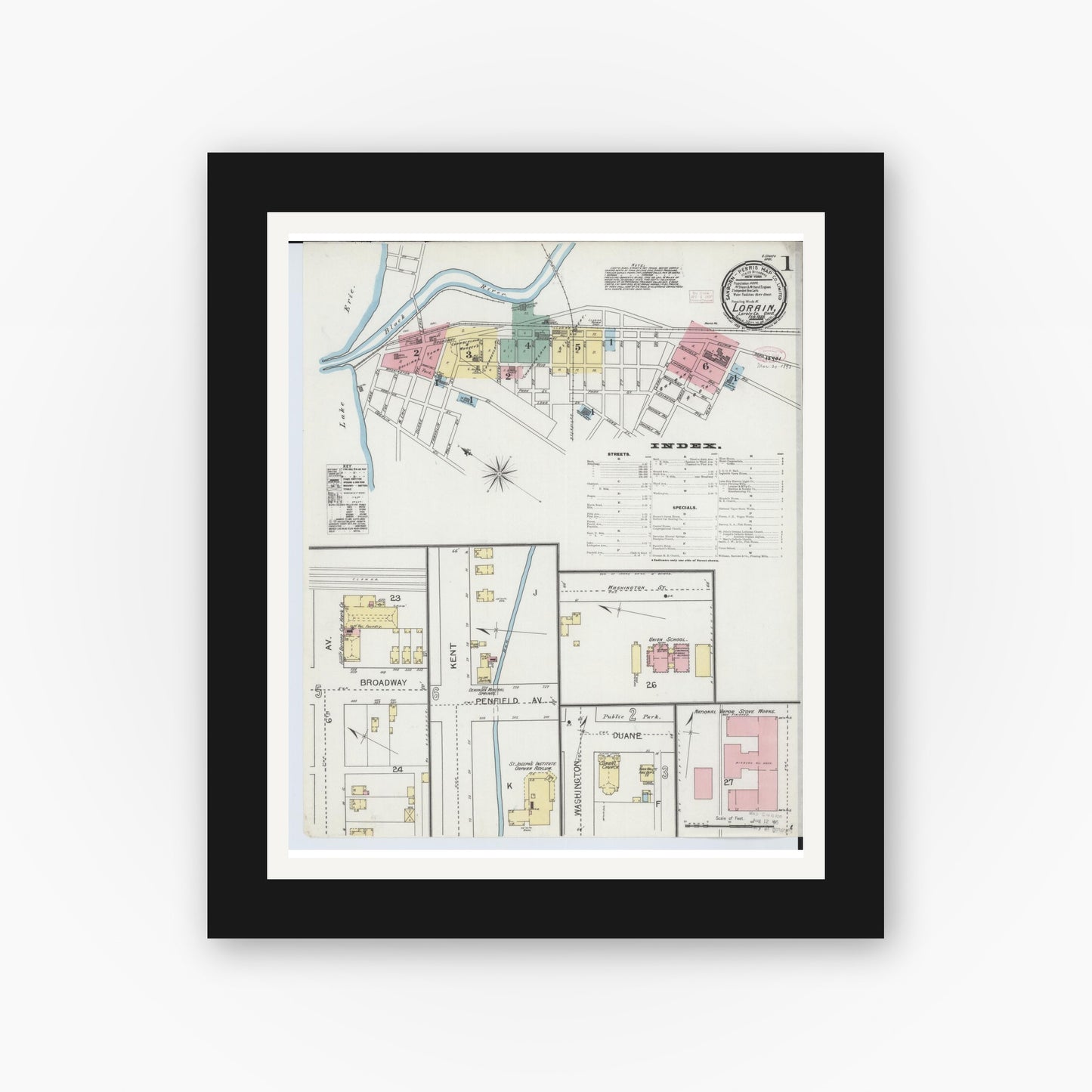 Old map wall art mockup — black gallery frame with white mat — Sanborn Fire Insurance Map from Lorain, Lorain County, Ohio (1893), Sheet #0001