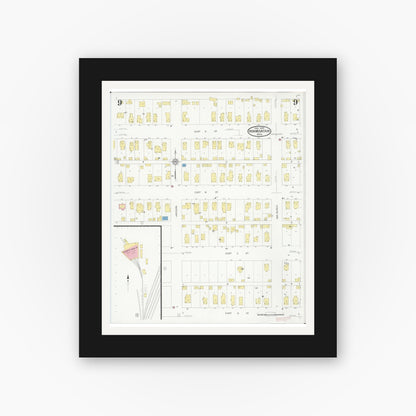 Old map wall art mockup — black gallery frame with white mat — Sanborn Fire Insurance Map from Iron Mountain, Dickinson County, Michigan (1930), Sheet #0009