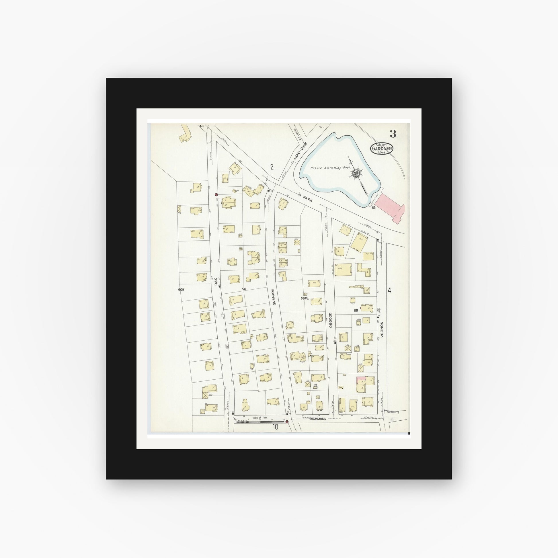 Old map wall art mockup — black gallery frame with white mat — Sanborn Fire Insurance Map from Gardner, Worcester County, Massachusetts (1914), Sheet #0003