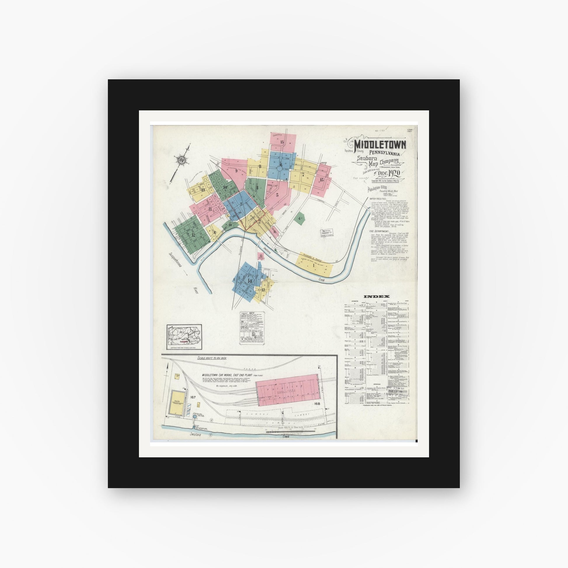Old map wall art mockup — black gallery frame with white mat — Sanborn Fire Insurance Map from Middletown, Dauphin County, Pennsylvania (1920), Sheet #0001