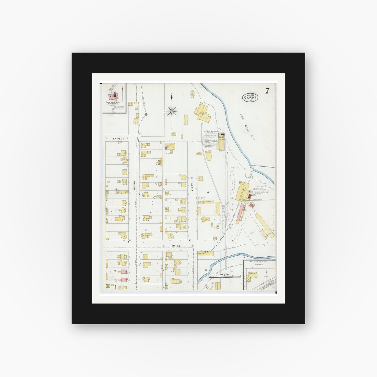 Old map wall art mockup — black gallery frame with white mat — Sanborn Fire Insurance Map from Carmi, White County, Illinois (1906), Sheet #0007