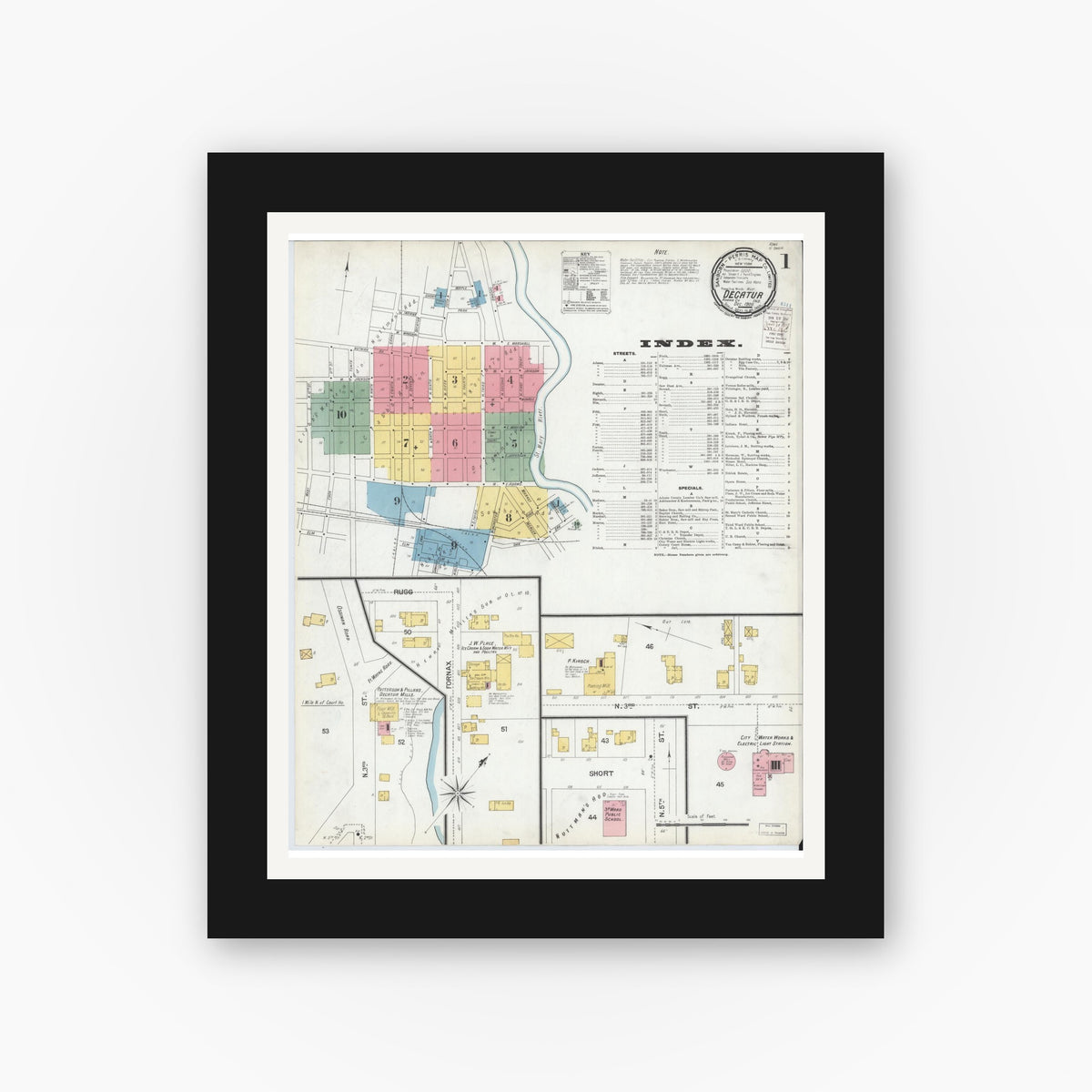 Old map wall art mockup — black gallery frame with white mat — Sanborn Fire Insurance Map from Decatur, Adams County, Indiana (1900) - Complete Map Set