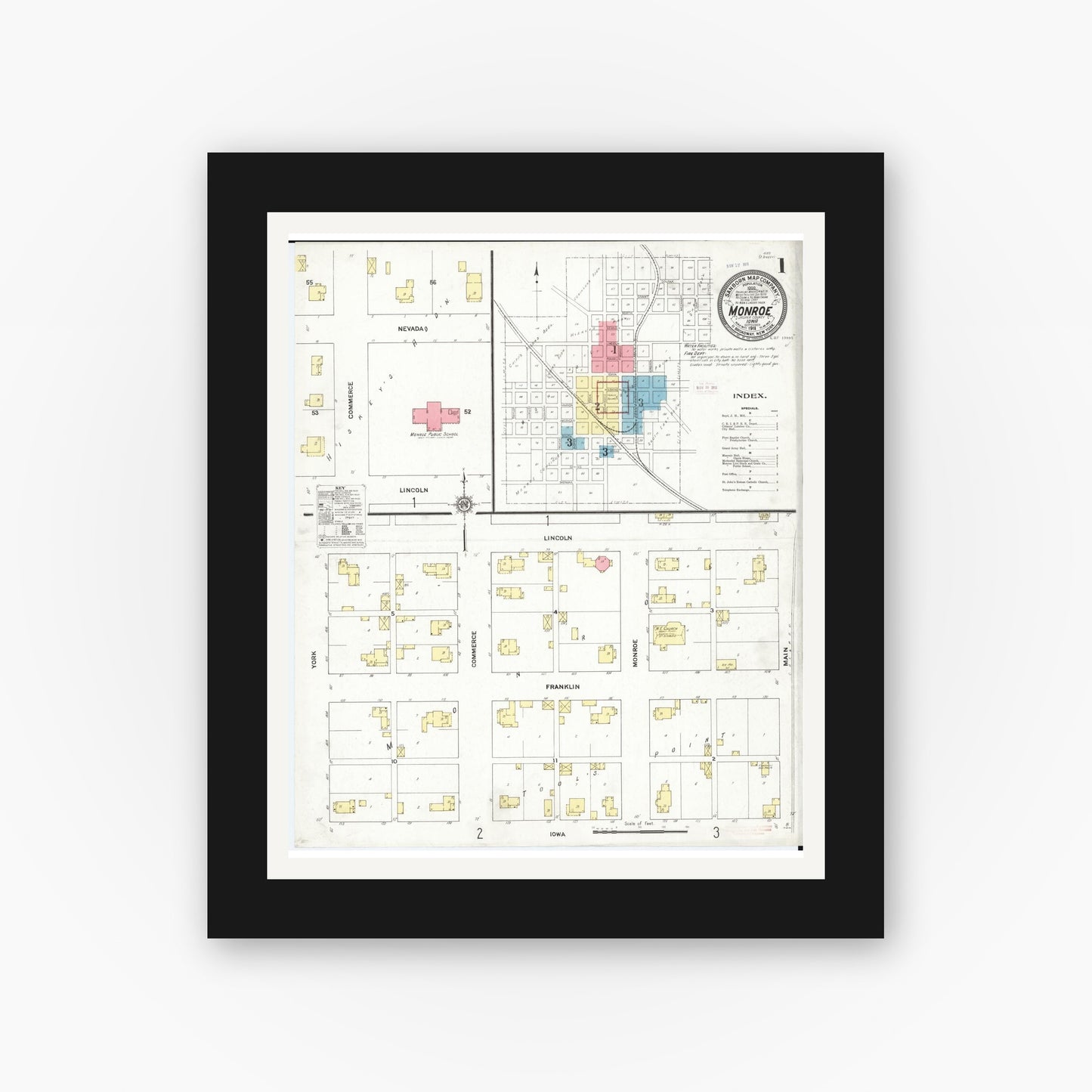 Old map wall art mockup — black gallery frame with white mat — Sanborn Fire Insurance Map from Monroe, Jasper County, Iowa (1911), Sheet #0001