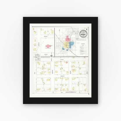Old map wall art mockup — black gallery frame with white mat — Sanborn Fire Insurance Map from Monroe, Jasper County, Iowa (1911), Sheet #0001