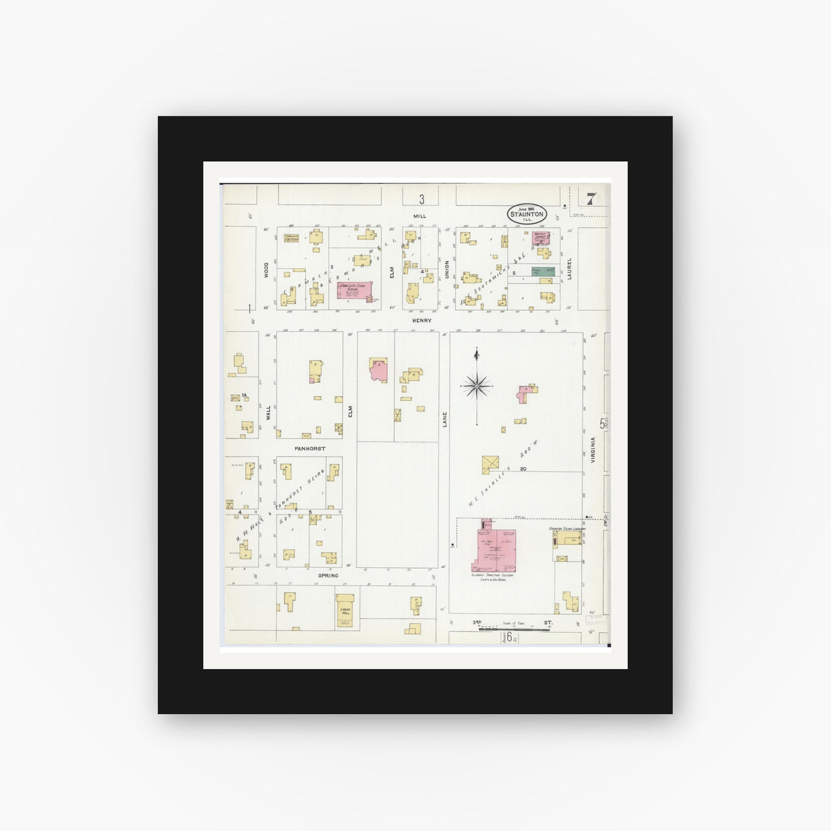 Old map wall art mockup — black gallery frame with white mat — Sanborn Fire Insurance Map from Staunton, Macoupin County, Illinois (1906), Sheet #0007