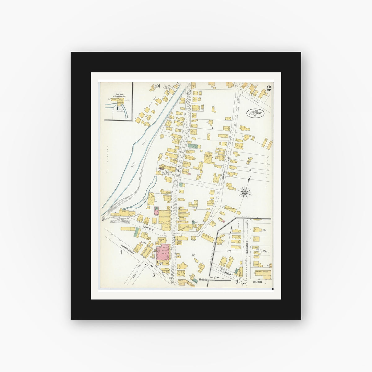 Old map wall art mockup — black gallery frame with white mat — Sanborn Fire Insurance Map from Luzerne, Luzerne County, Pennsylvania (1903), Sheet #0002