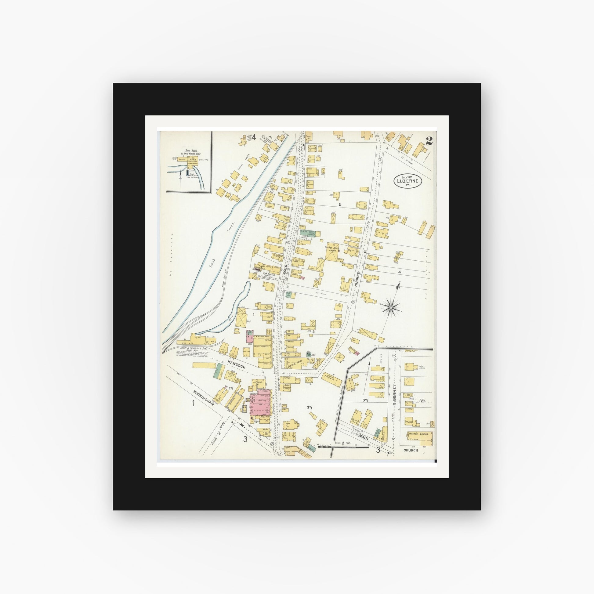 Old map wall art mockup — black gallery frame with white mat — Sanborn Fire Insurance Map from Luzerne, Luzerne County, Pennsylvania (1903), Sheet #0002