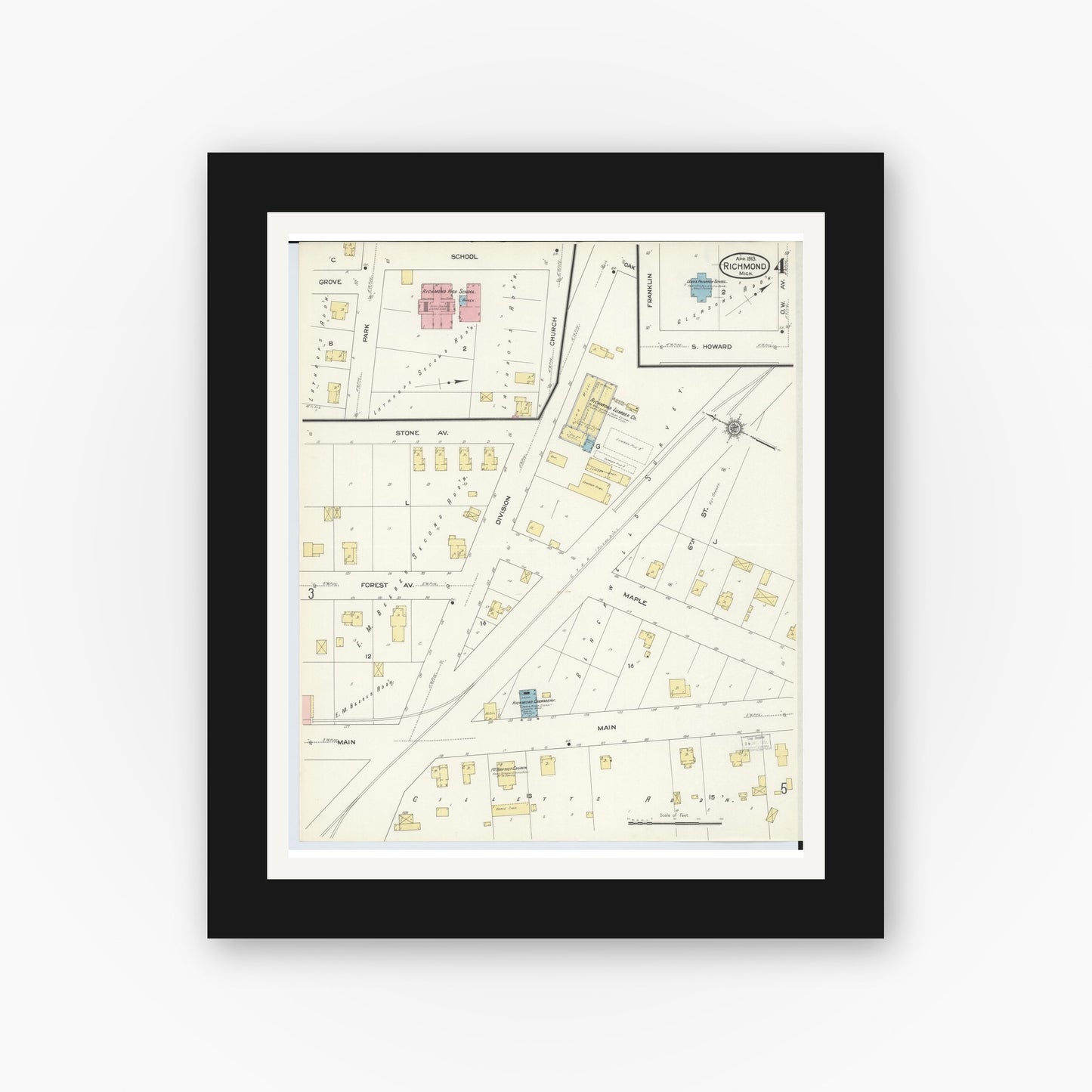 Old map wall art mockup — black gallery frame with white mat — Sanborn Fire Insurance Map from Richmond, Macomb County, Michigan (1913), Sheet #0004
