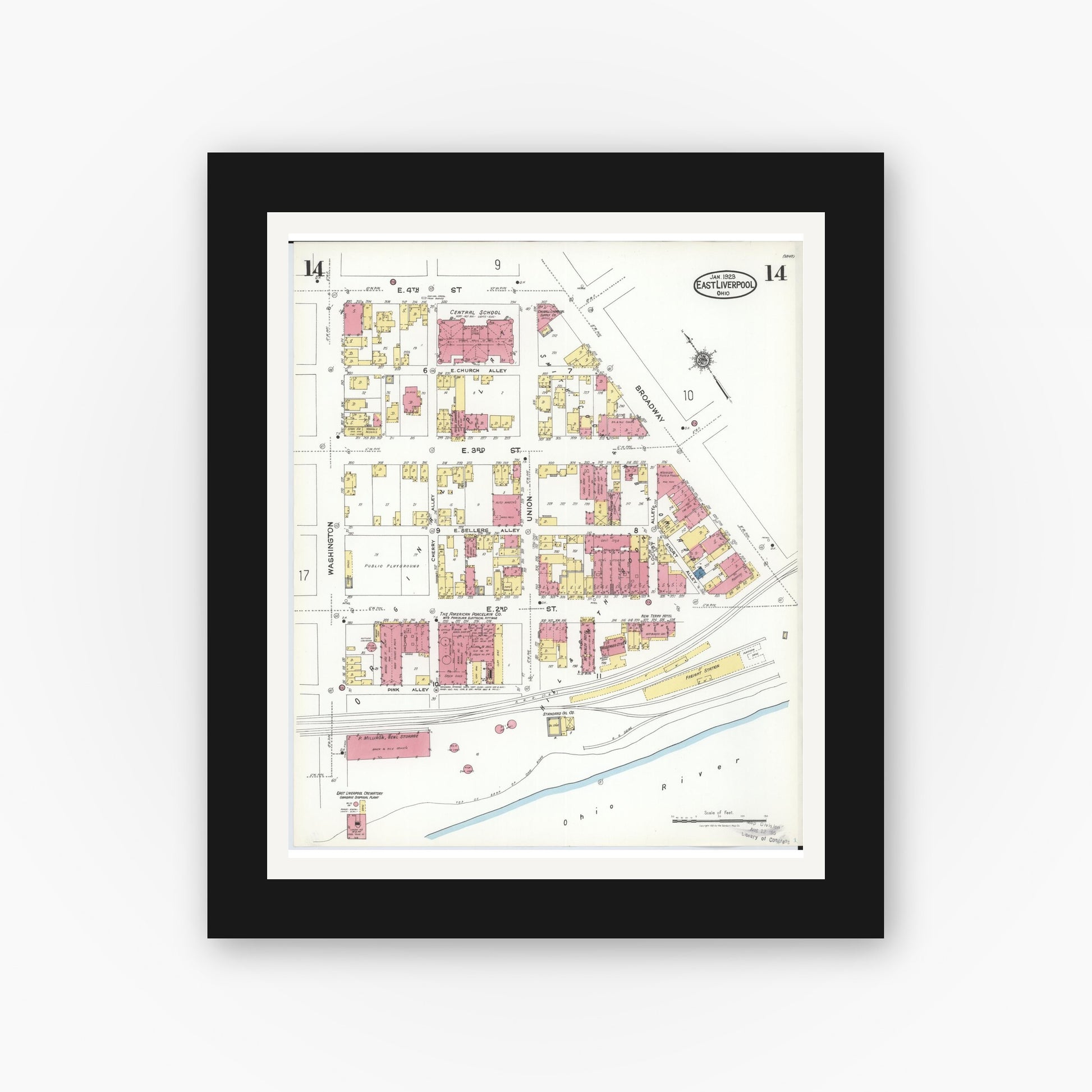 Old map wall art mockup — black gallery frame with white mat — Sanborn Fire Insurance Map from East Liverpool, Columbiana County, Ohio (1923), Sheet #0014